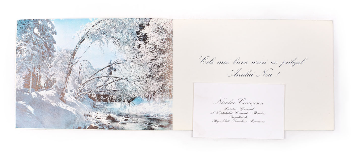 Felicitare cu ocazia Anului Nou, carte de vizită și plic original, trimise de Nicolae Ceaușescu generalului Victor Stănculescu