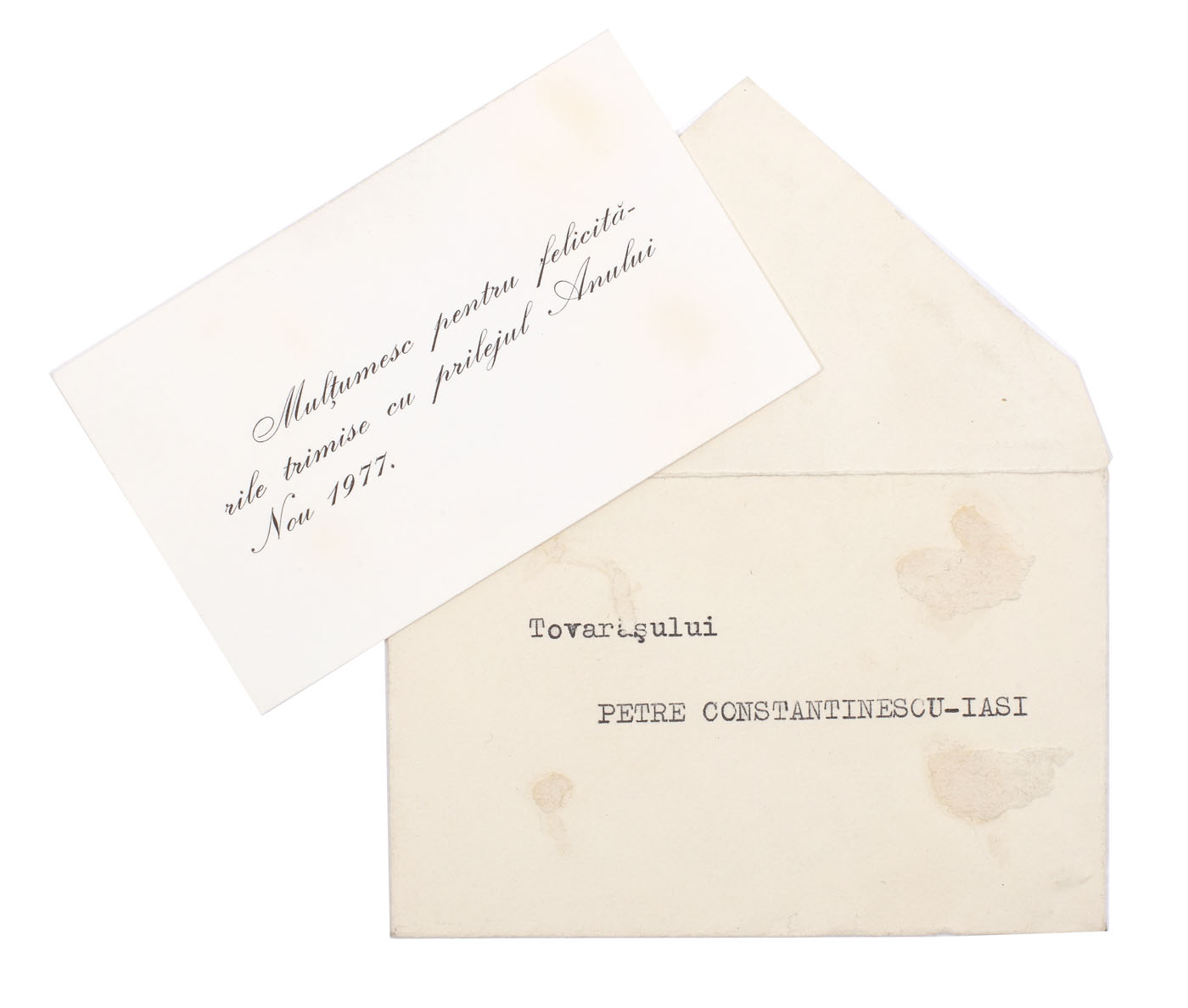 Carte de vizită a lui Nicolae Ceaușescu cu mulţumiri pentru felicitările primite cu ocazia Anului Nou din partea istoricului Petre Constantinescu-Iași (membru fondator al P.C.R. în 1921, ministru al propagandei în guvernul Groza în 1946), în plicul original, anii 1970