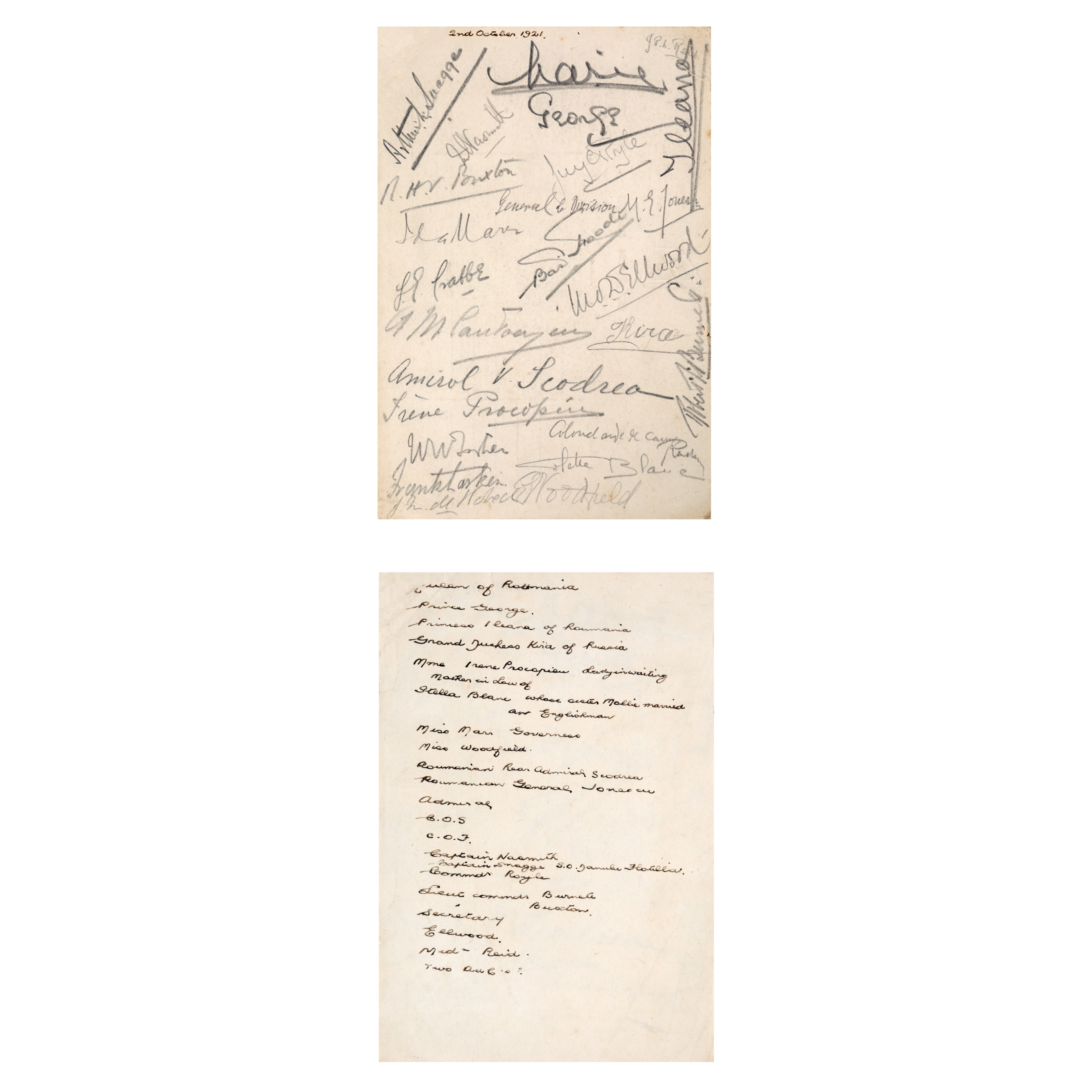 Programul unui concert privat, semnat olograf de Regina Maria, Principesa Ileana, Marea Ducesă Kira Kirillovna a Rusiei, Emanoil Ionescu, George Matei Cantacuzino, amiral Scodrea, Irina Procopiu și alții, 1921