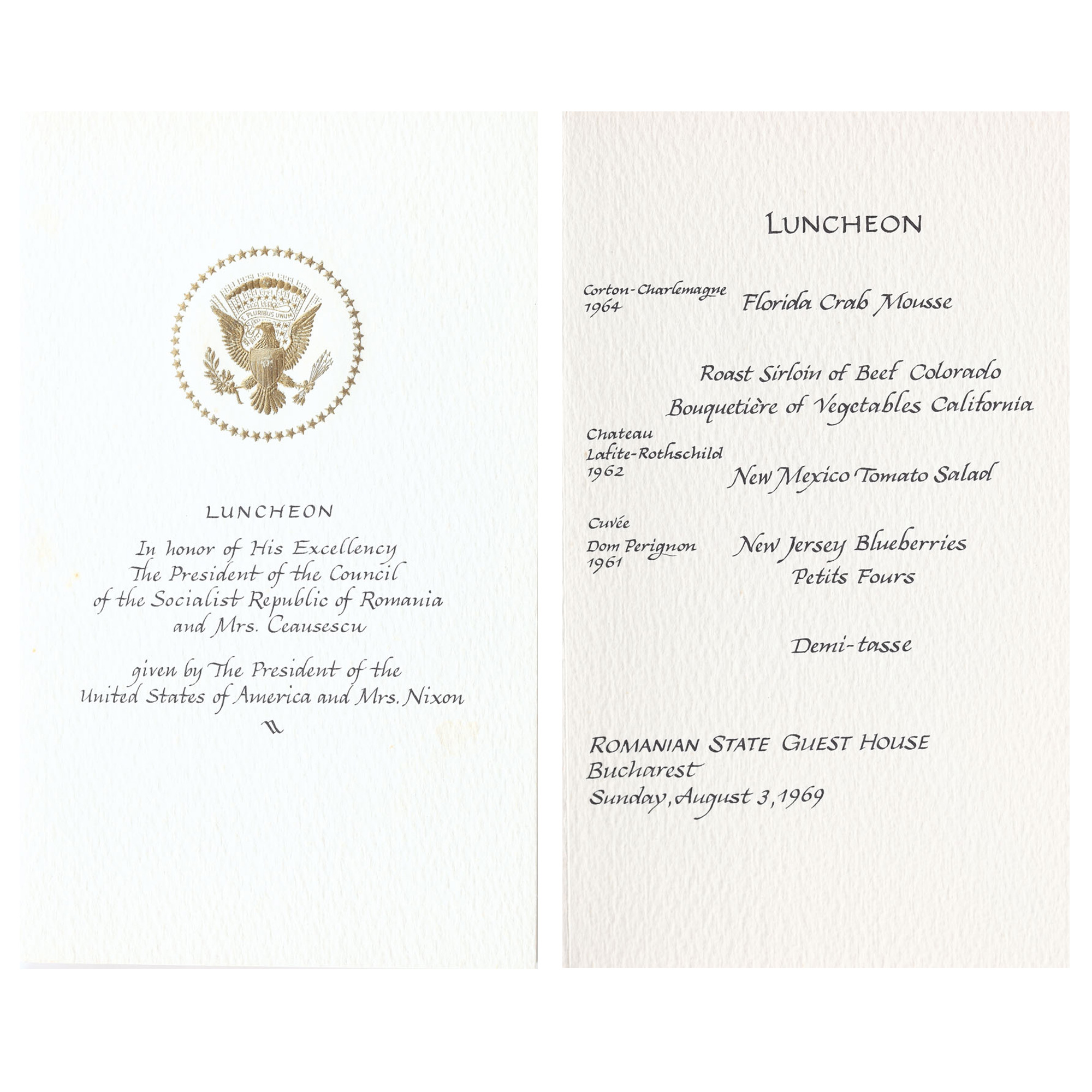 Invitaţia oficială la masă a Preşedintelui S.U.A. Richard Nixon pentru  Nicolae Ceauşescu, Președinte al Consiliului de Stat și Elena Ceauşescu, 1970