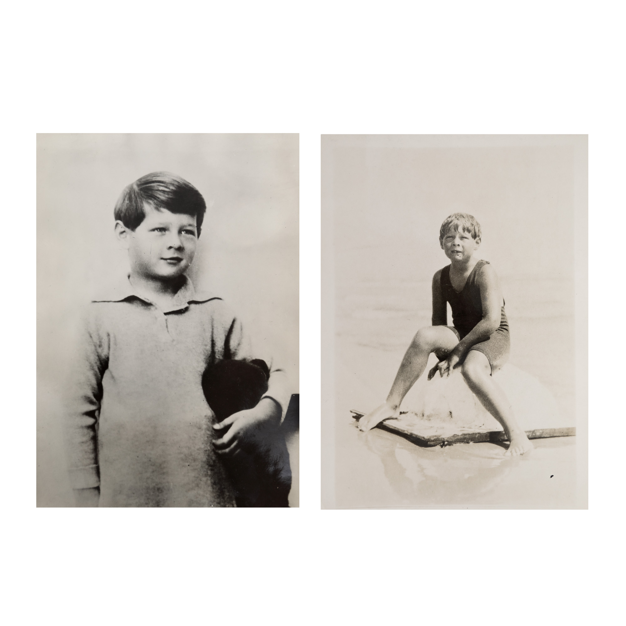 Lot format din două fotografii de presă ilustrându-l pe Regele Mihai copil și o carte poștală ilustrând-o pe Regina mamă Elena și Princepele Mihai, cca. 1927-1928