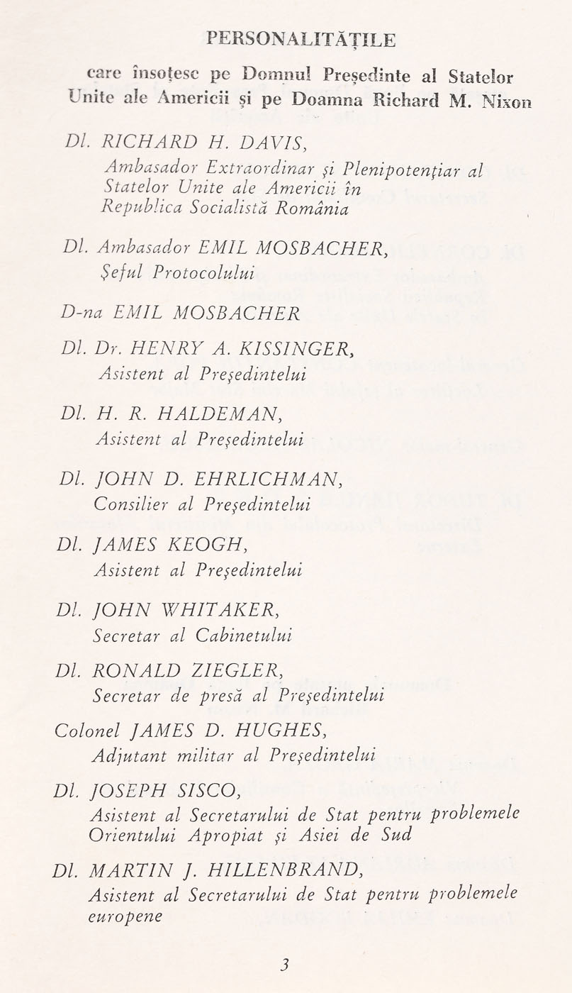 Programul vizitei oficiale în România a Preşedintelui S.U.A. Richard Nixon şi a Primei Doamne, august 1969