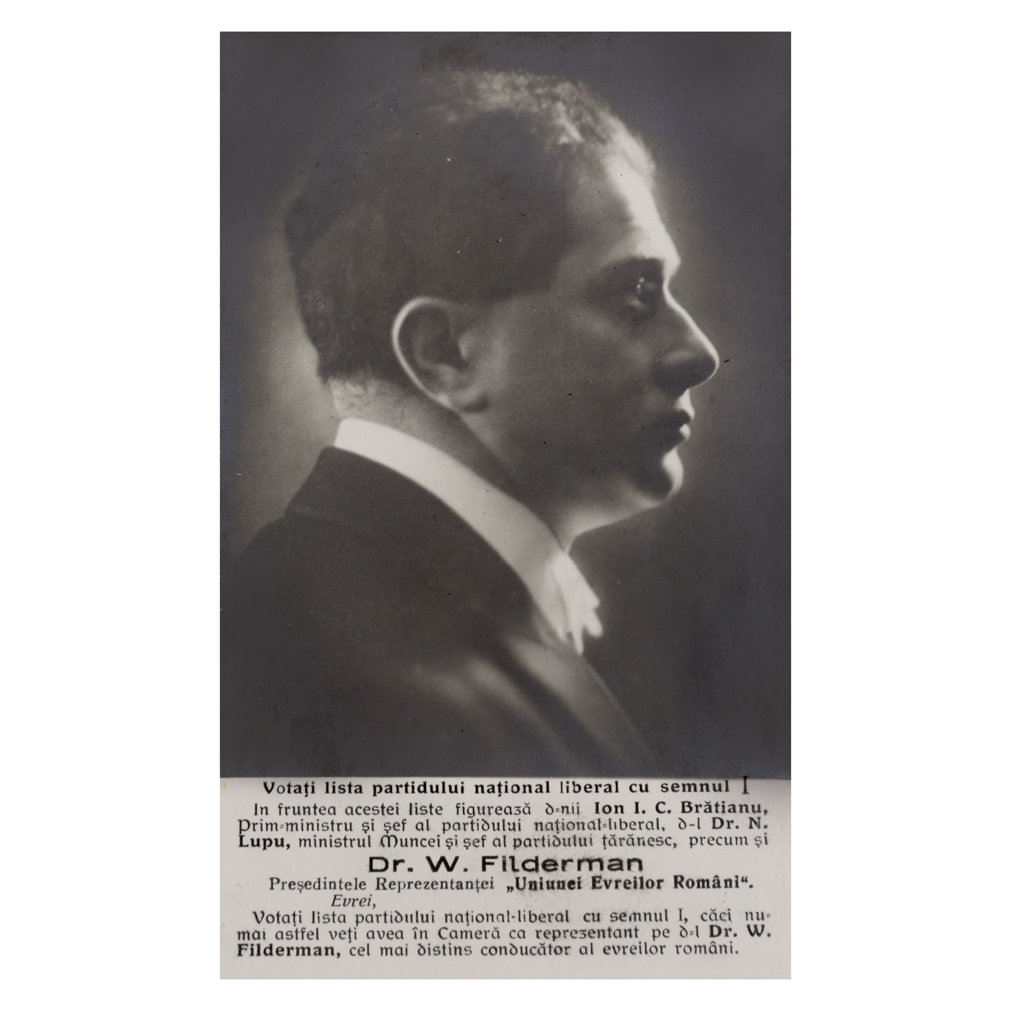 Election campaign photograph depicting Dr. Wilhelm Filderman, president of the Union of Romanian Jews, running for Parliament, approx. 1927