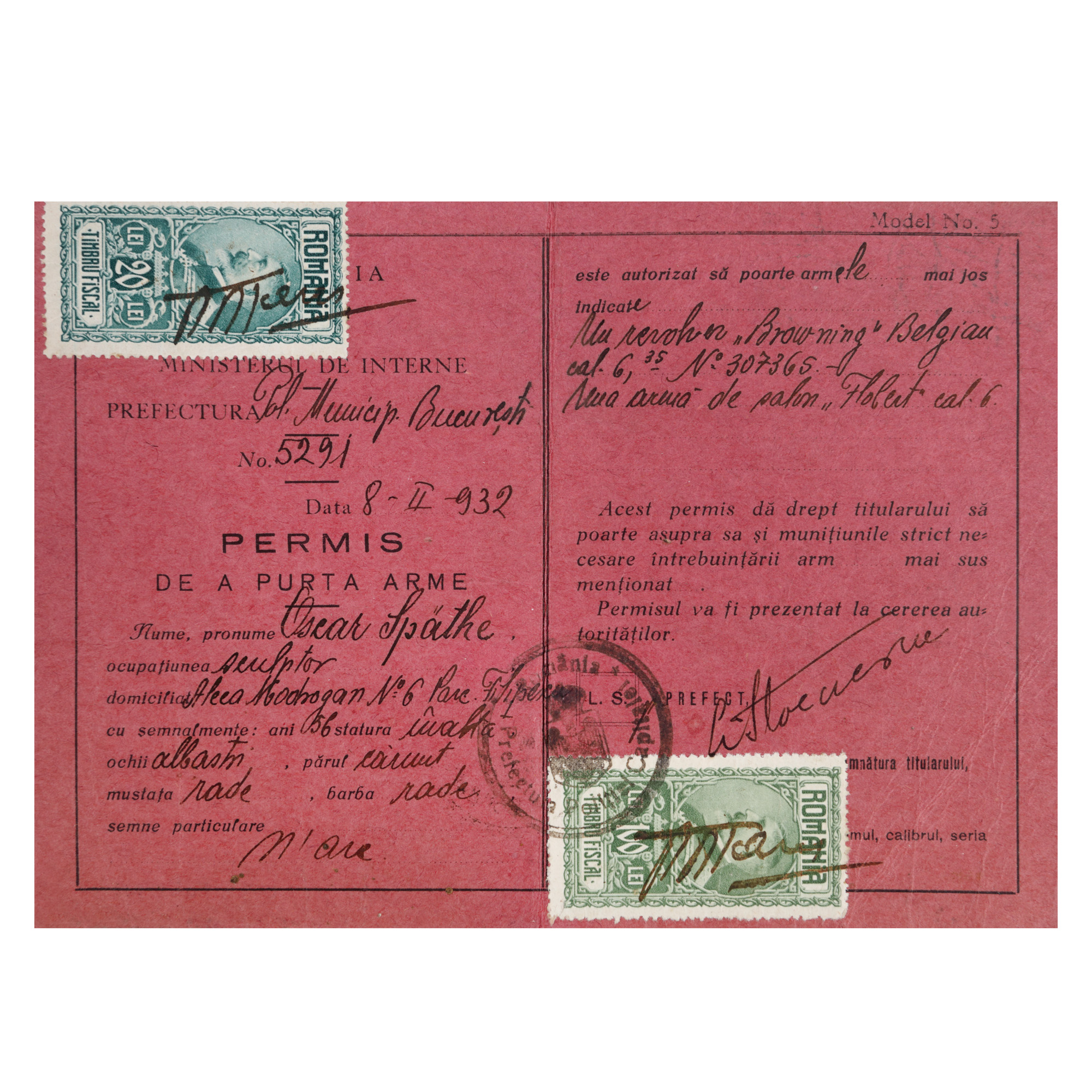 Gun permit belonging to the sculptor Oscar Späthe, 1932