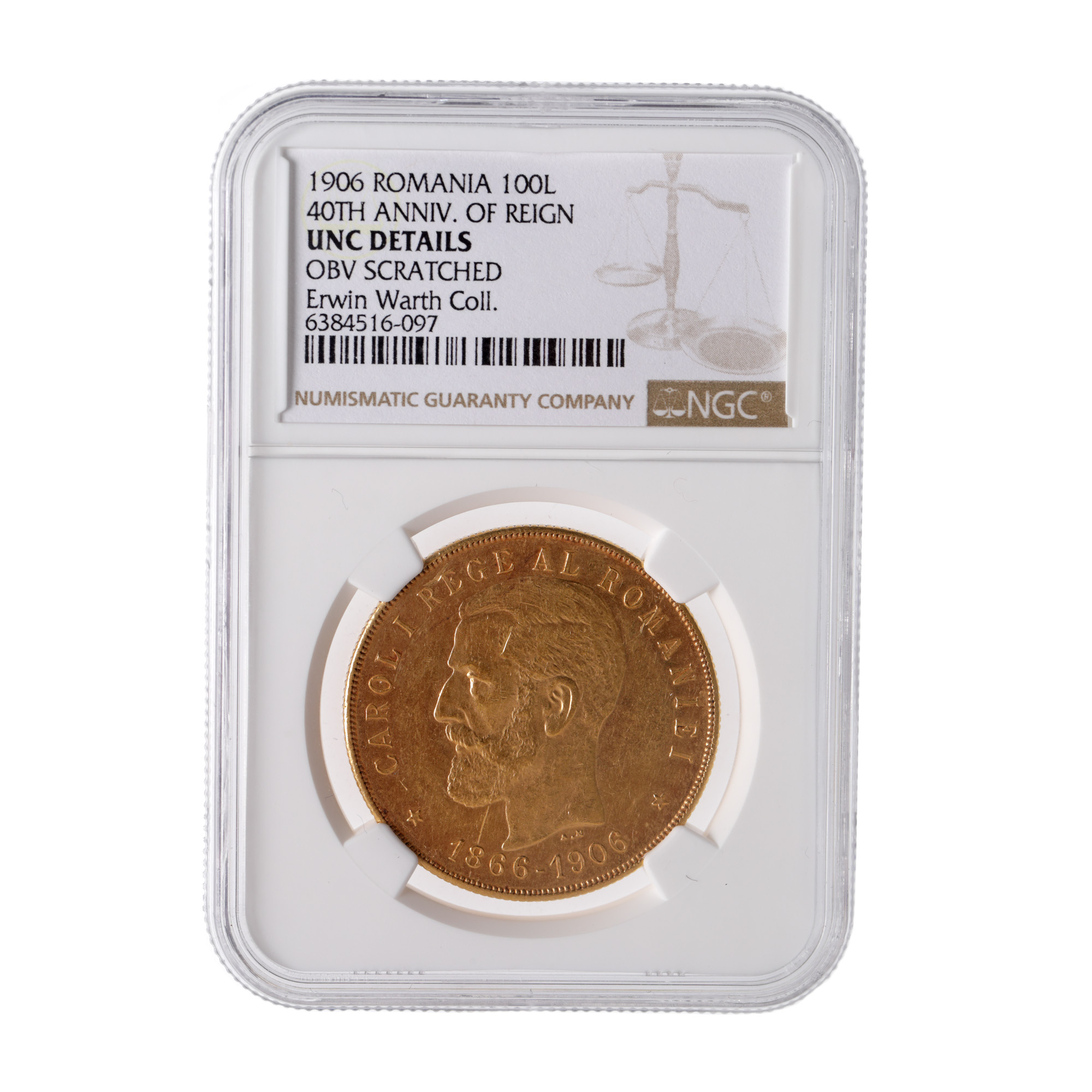 Monedă 100 Lei 1906, gradată UNC Details, aur