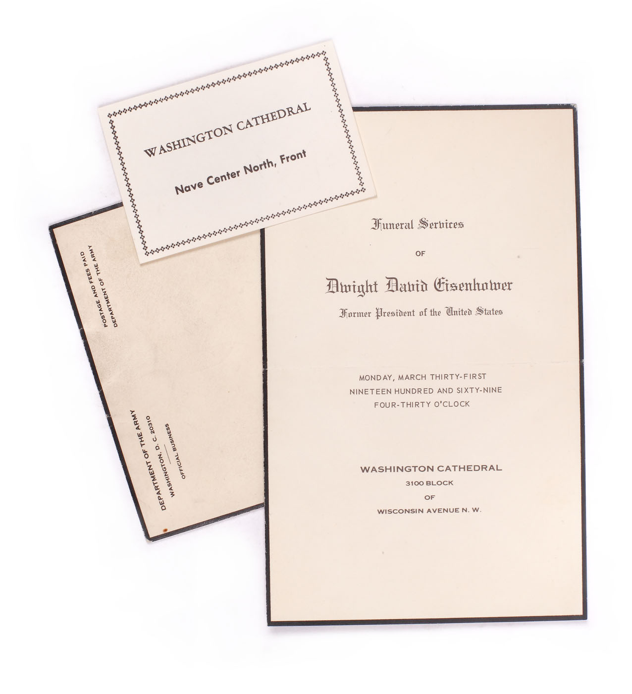 Invitaţie oficială la funeraliile Preşedintelui S.U.A. Dwight Eisenhower (adresată fostului ministru de externe George Macovescu), în plicul original, 31 martie 1969