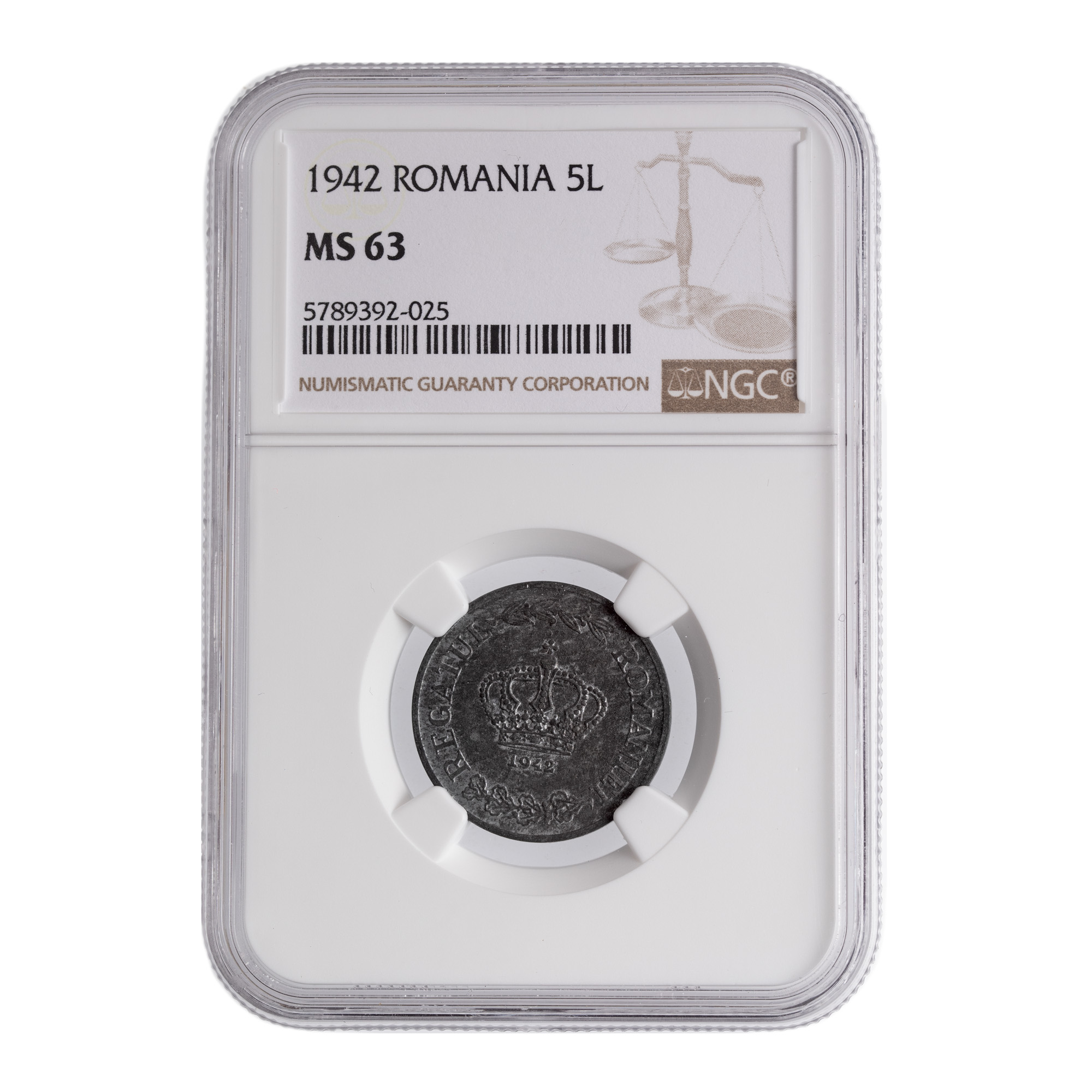 5 lei coin, 1942, MS 63 graded