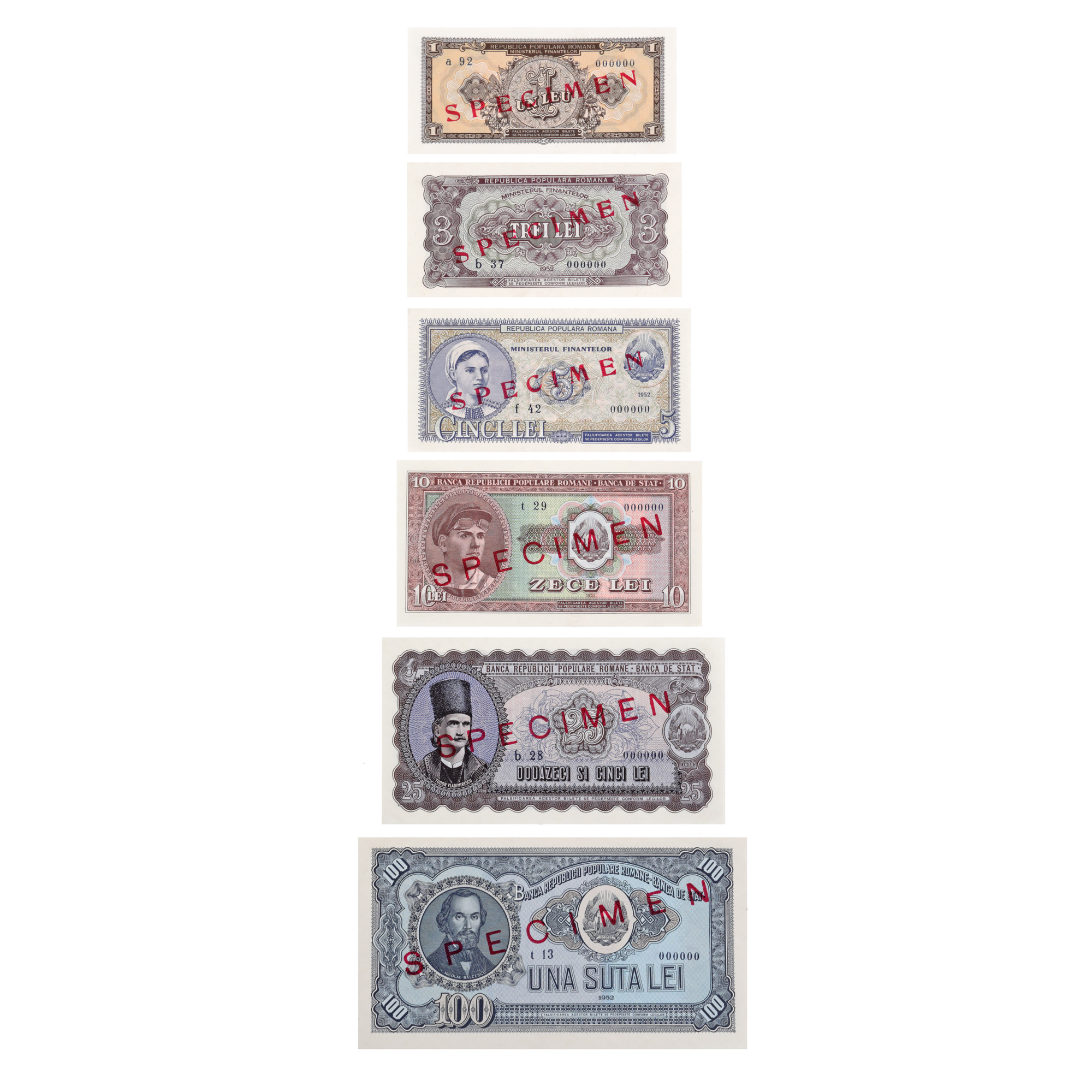Lot format din șase bancnote specimen consecutive, de 100, 25, 10, 5, 3 și 1 leu 1952