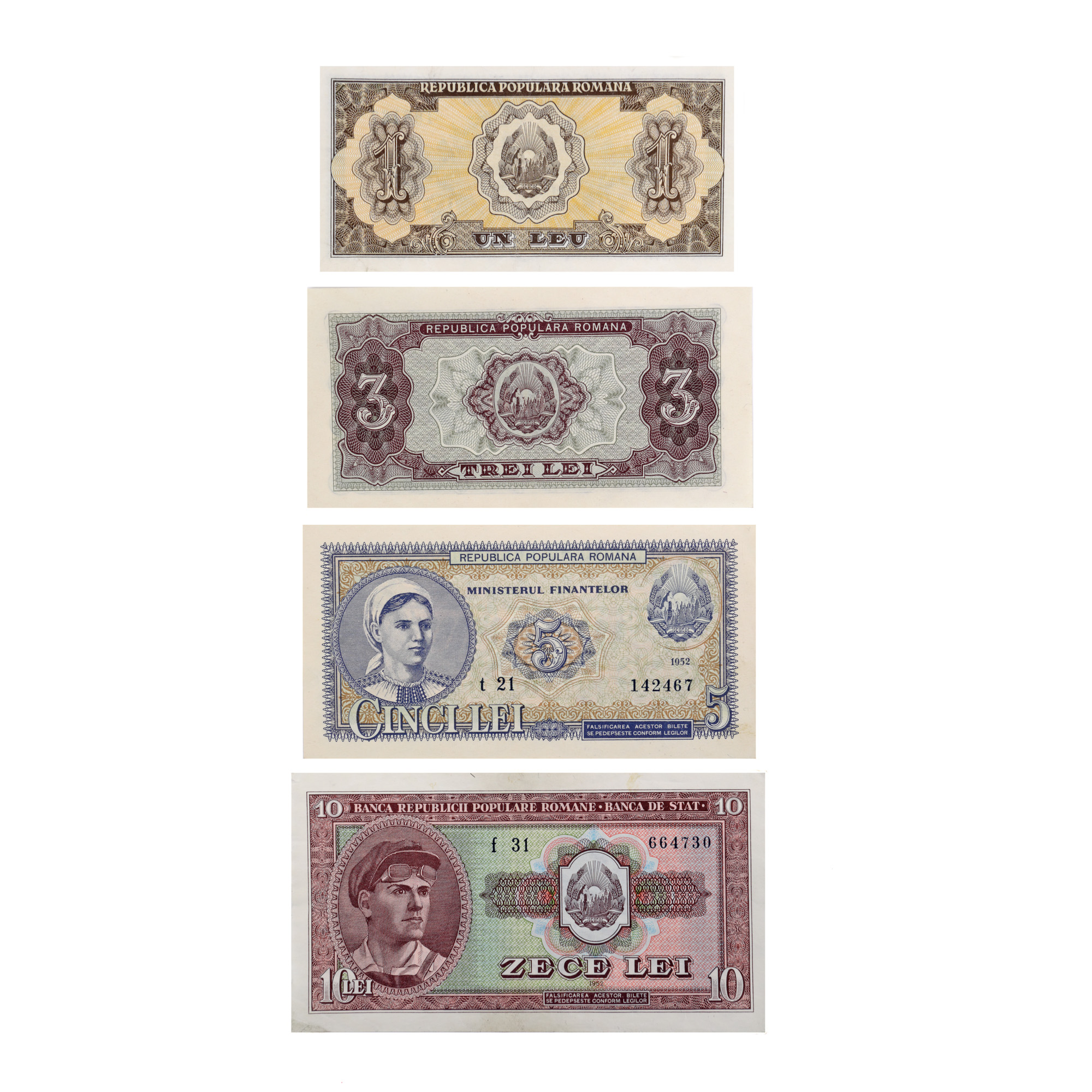 Lot format din patru bancnote consecutive, 10, 5, 3 și 1 leu 1952