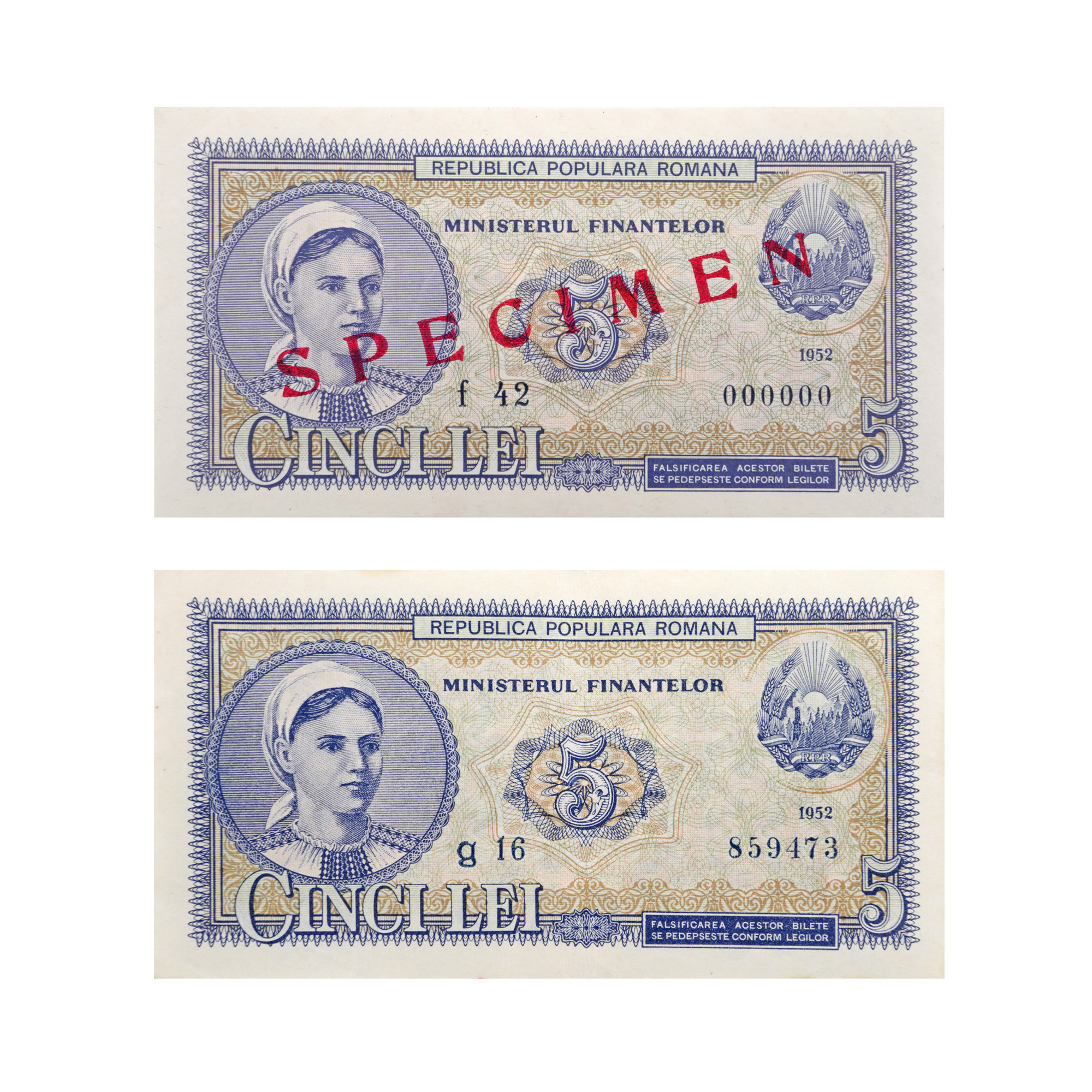 Lot format din două bancnote de 5 lei 1952, una din ele specimen