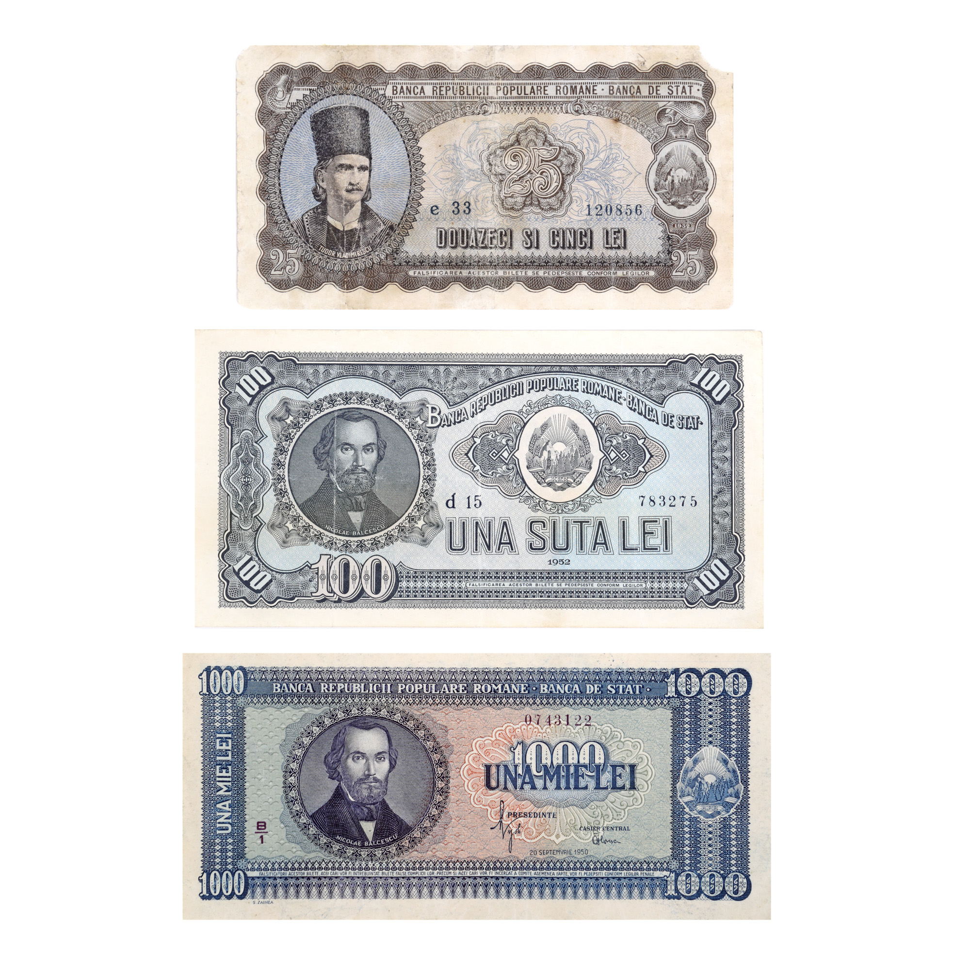 Lot format din trei bancnote, 1000, 100 și 25 lei 1952