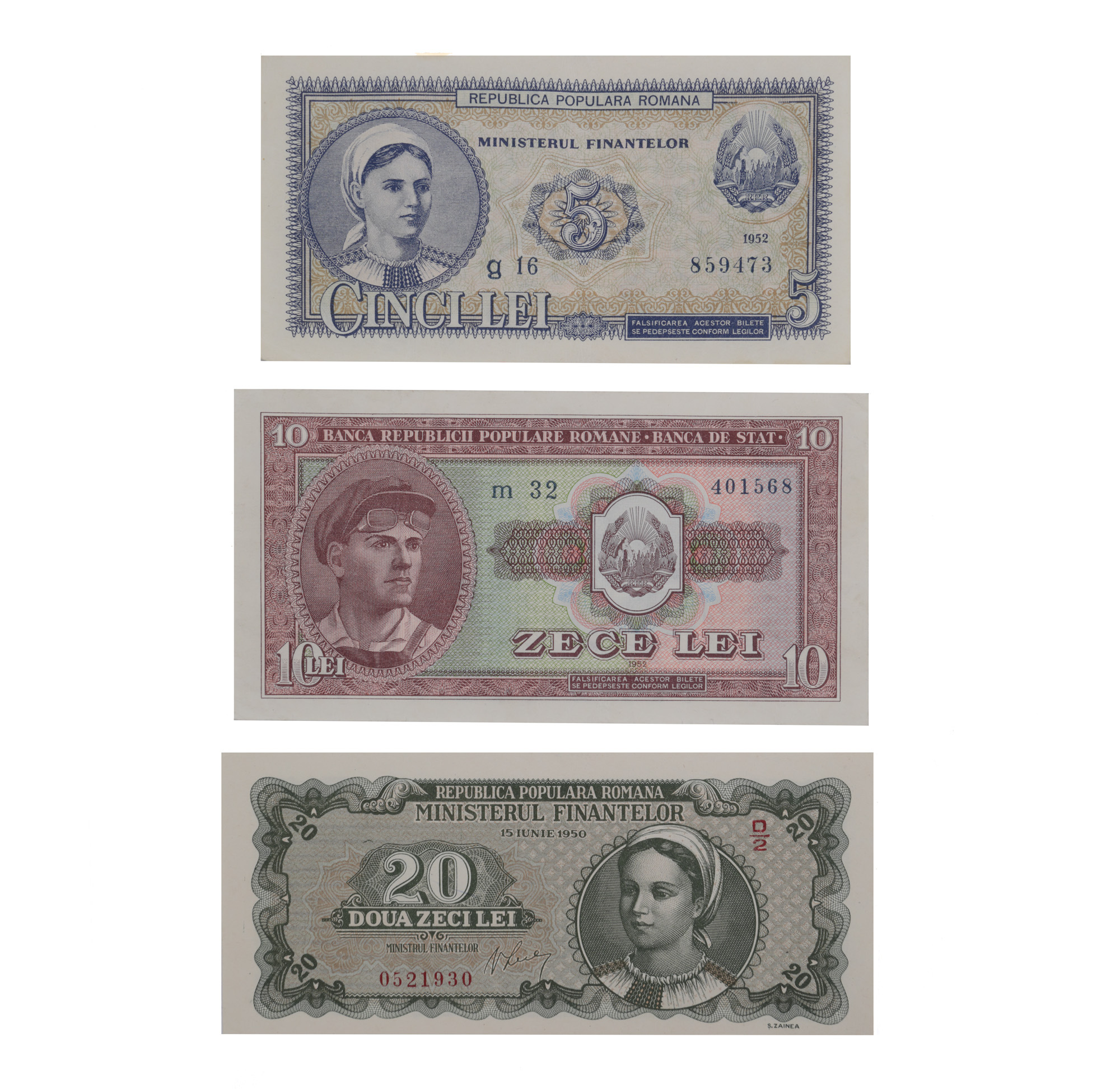 Set of three banknotes, 5 and 10 lei, 1952 and 20 lei, 1950
