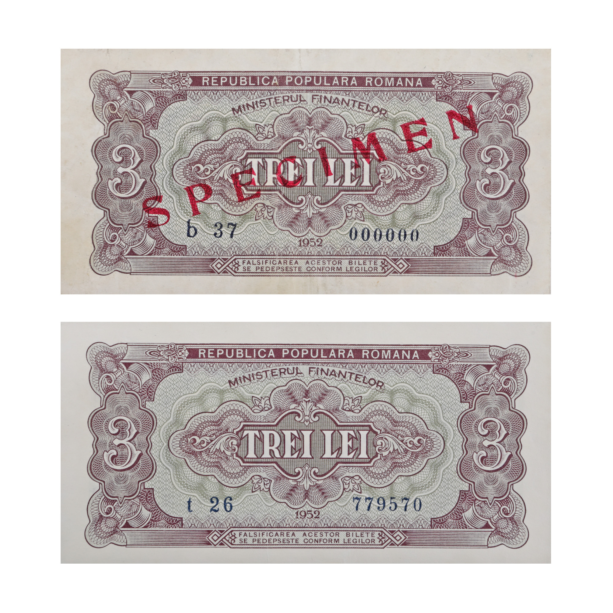 Lot format din două bancnote de 3 lei 1952, dintre care unul specimen