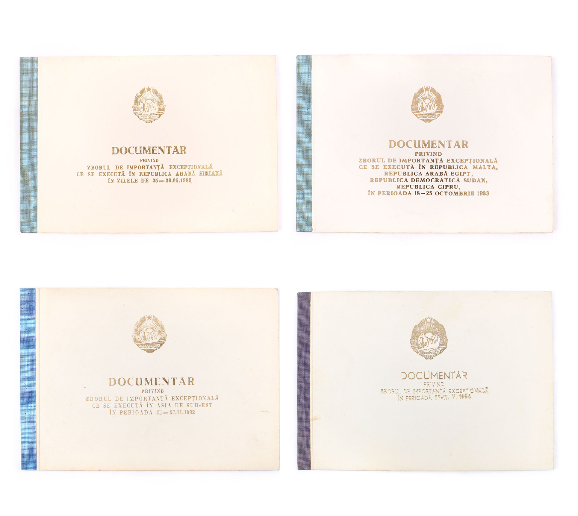 Lot format din 4 documentare pentru "zboruri de importanță excepțională", alcătuite de securitate pentru uzul familiei Ceaușescu (Asia de Sud-Est, 1982; Siria, 1982; Malta, Egipt, Sudan și Cipru, 1983; Pakistan și Siria, 1984)