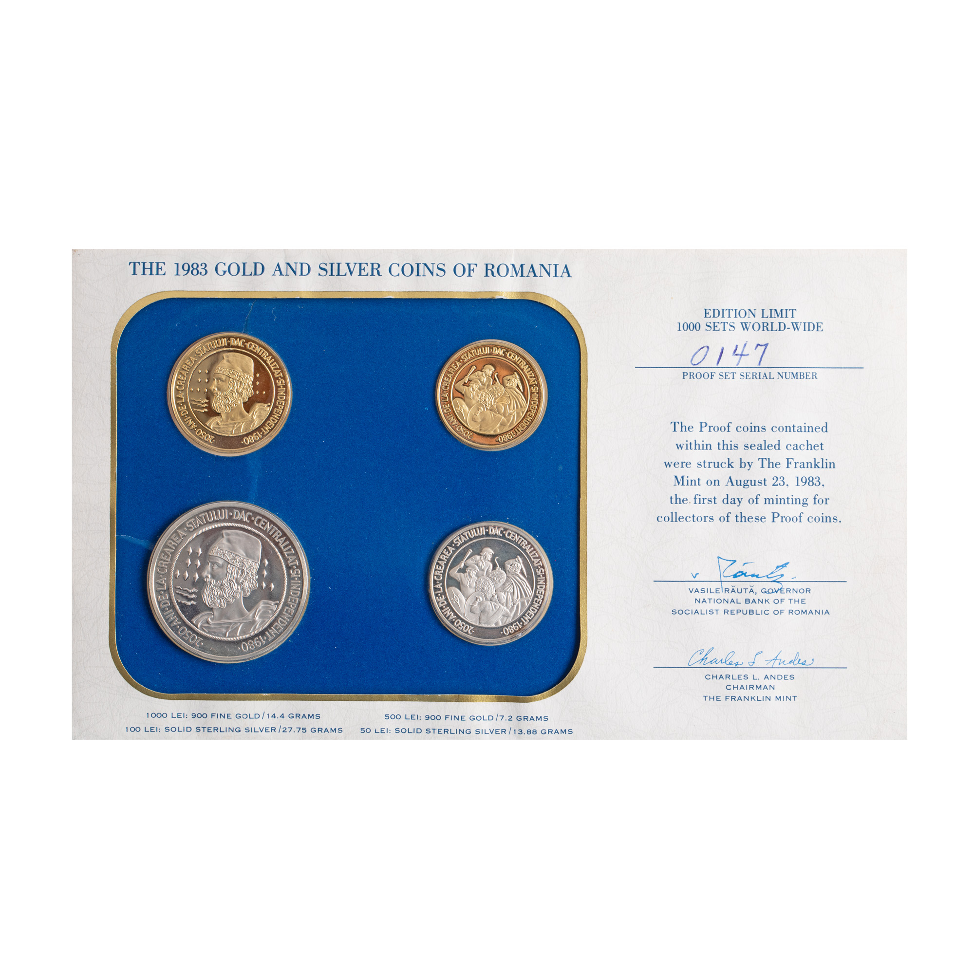 Set of commemorative coin of 50, 100 and 1000 lei, "2050 years since the creation of the centralized and independent Dacian state", 1983, gold
