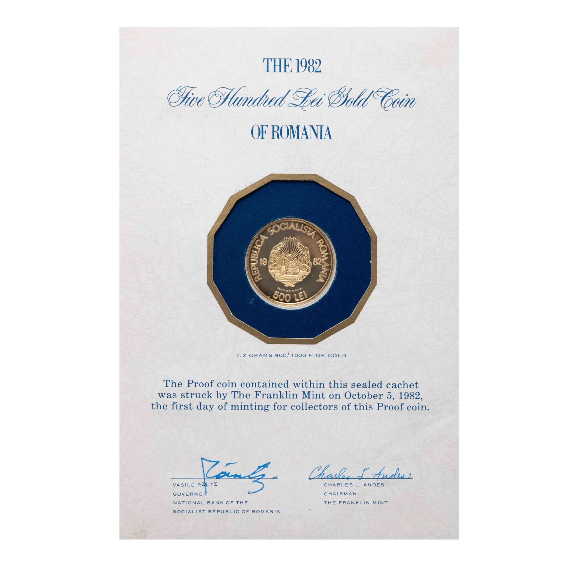 Moneda comemorativă de 500 Lei, ”2050 de ani de la crearea statului dac centralzat și independent”, 1982, aur