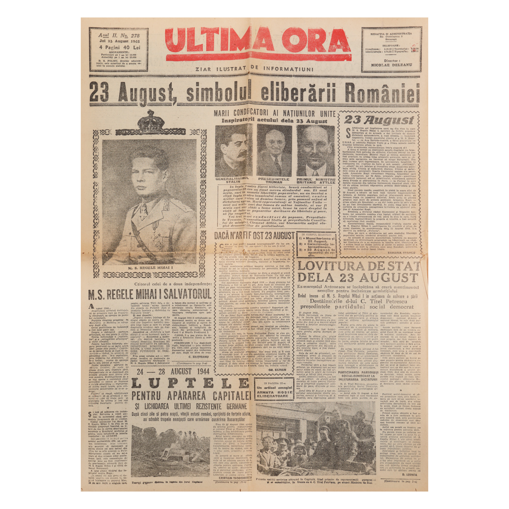 Ziarul ”Ultima oră”, anul II, nr. 278, 23 august 1945, număr dedicat loviturii de stat de la 23 august 1944, tipărit sub influența Partidului Comunist Român