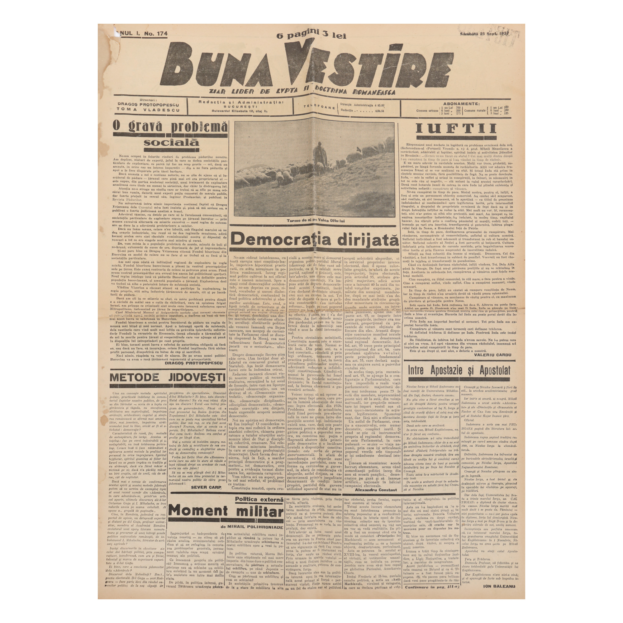 Ziarul ”Buna Vestire”, anul I, nr. 174, 25 septembrie 1937
