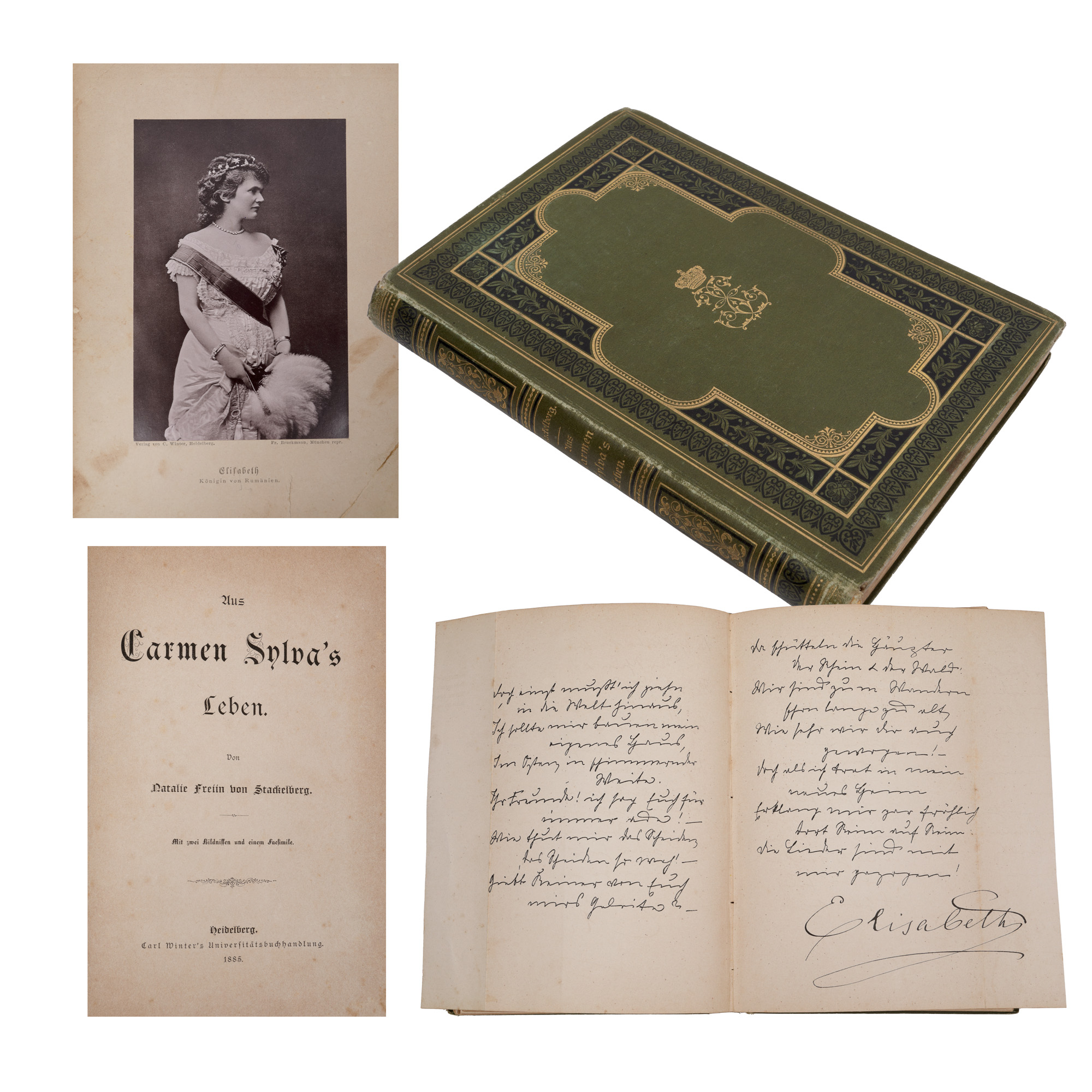 "Carmen Sylva. Viața ei" ("Carmen Sylva. Her Life"), by Natalie Freiin von Stackelberg, German edition, Heidelberg, 1885, bibliophile edition, with the Queen's cipher on the main cover