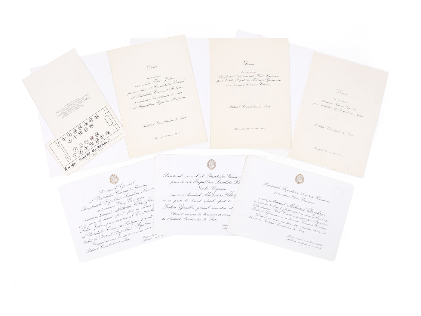 Lot consisting of three invitations to official dinner parties, occasioned by the visits of the President of the Federal Republic of Germany Helmut Schmidt, on 26 October 1981; the President of the People's Republic of Bulgaria Todor Zhivkov, 3 June 1980; Mrs. Indira Gandhi, Prime Minister of the Re
