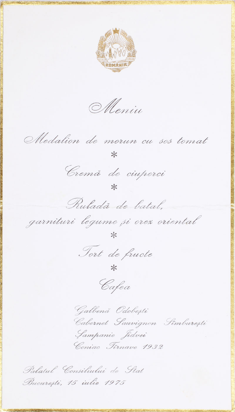 Protocol menu at the State Council Palace for a work meeting, Bucharest, 15 July 1975