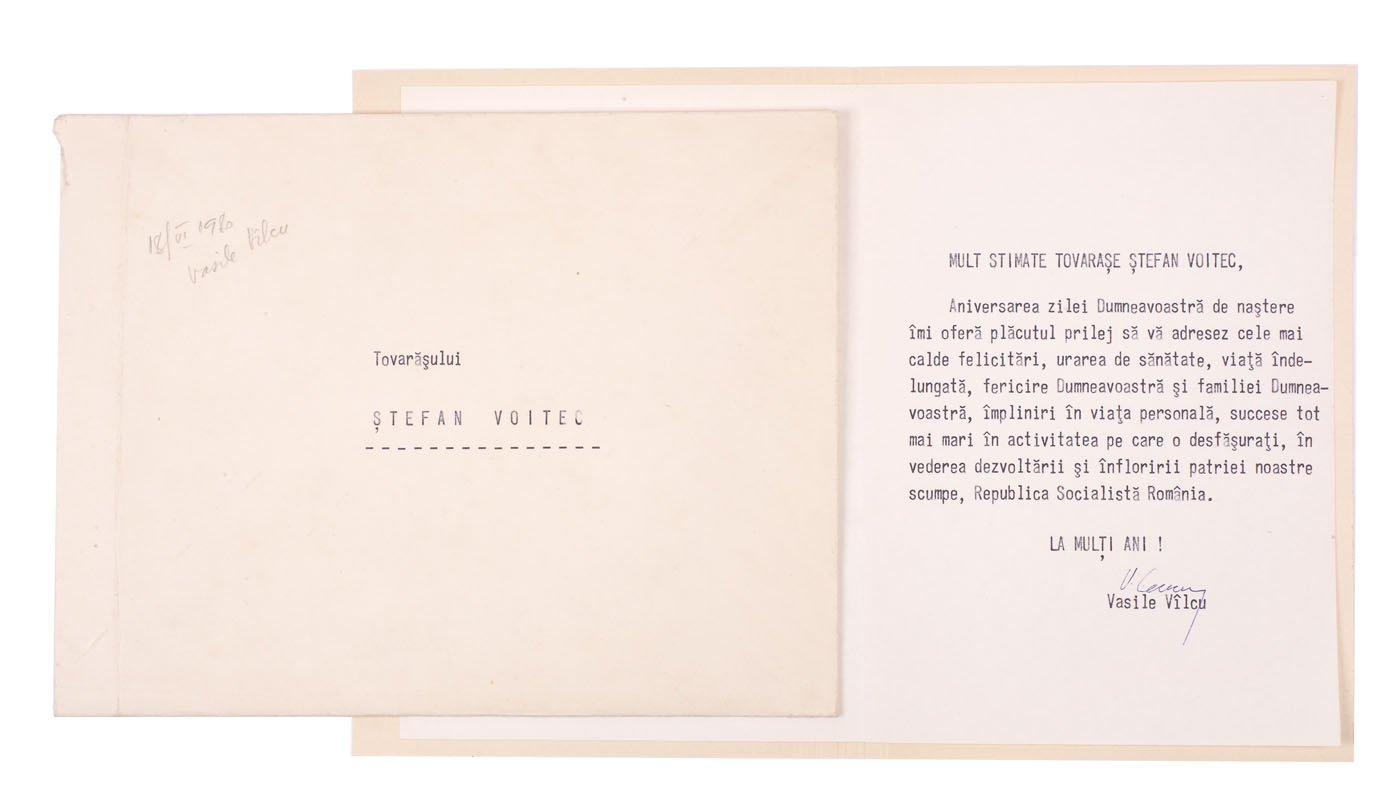 Greeting card of the former head of the Foreign Intelligence Directorate Vasile Vîlcu to Ștefan Voltec, for the 80th birthday of the latter, in the original envelope, 1980