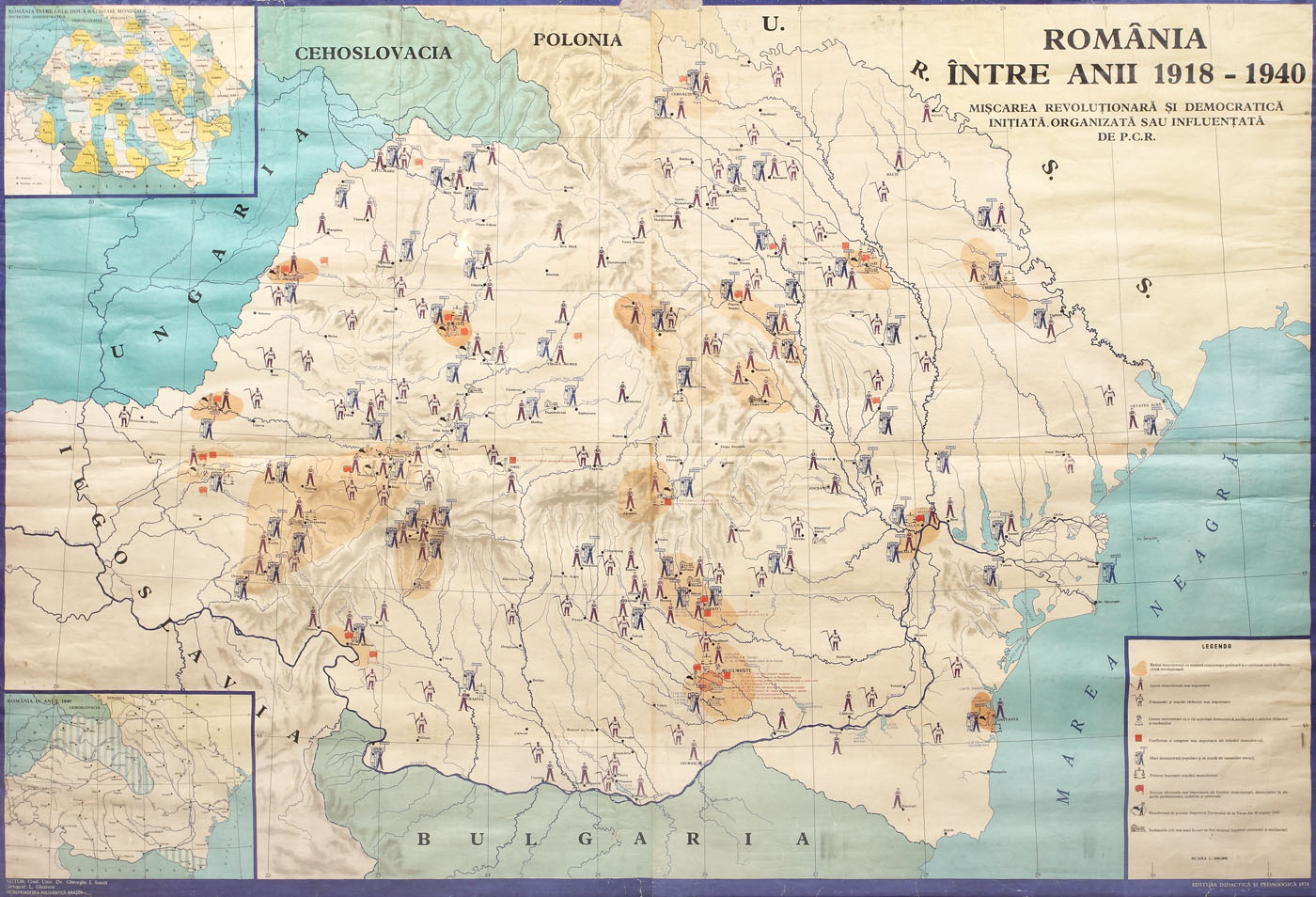 Map of the Revolutionary and Democratic Movement initiated by the Romanian Communist Party in Romania between 1918-1940, by Associate Prof. Gheorghe Ioniță, PhD, cartographer L. Ghițescu, 1974