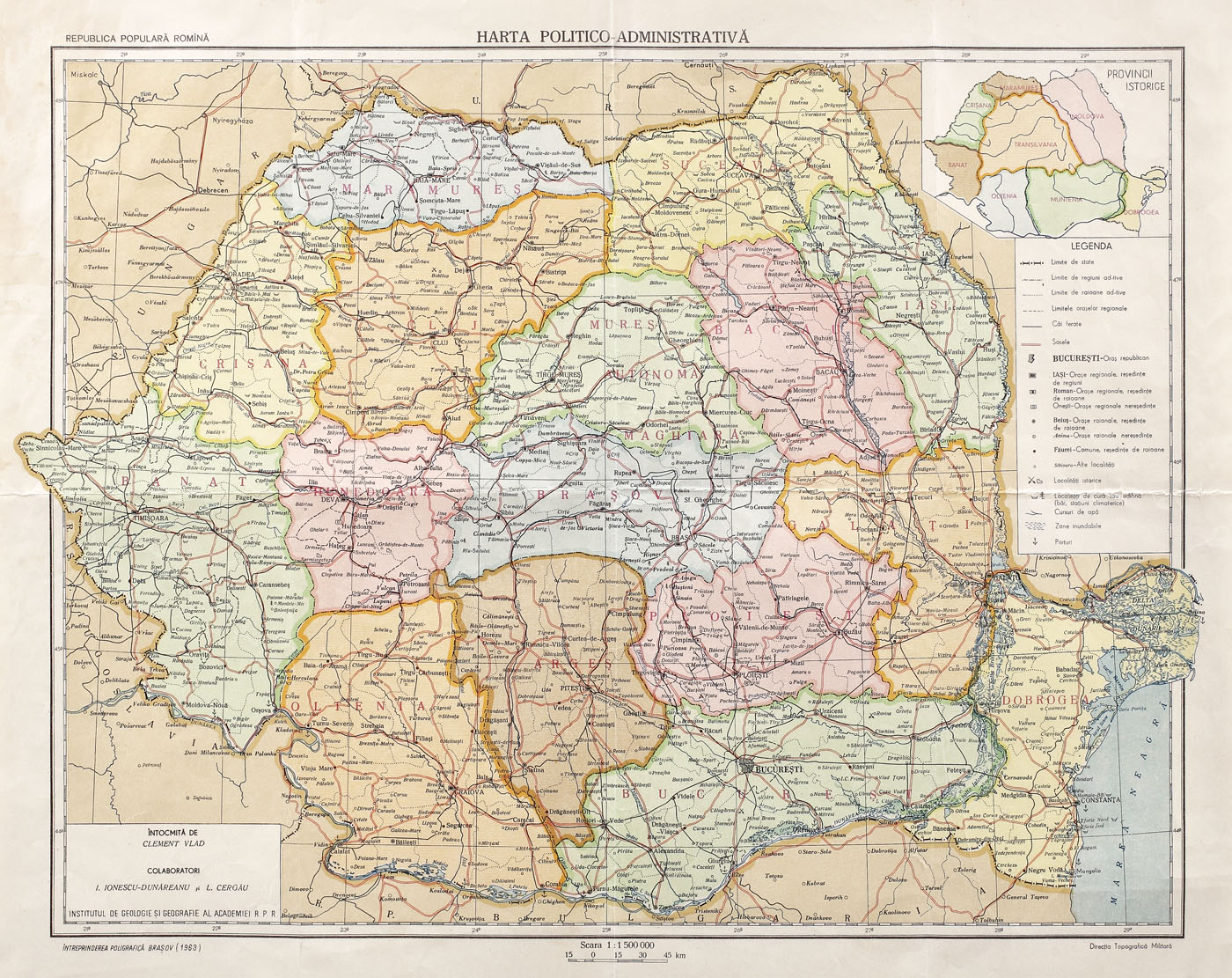 Harta administrativă a Republicii Populare Române, întocmită de Direcția Topografică Militară a Academiei R.P.R., 1963