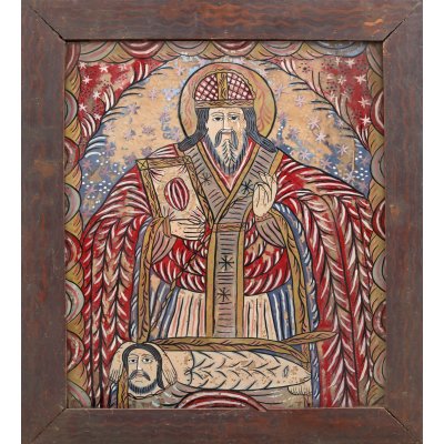 Icoană pe glajă, ”Sfântul Haralambie”, atribuit zugrav Ana Deji, Făgăraș, sfârșitul sec. XIX - începutul sec. XX, provine din colecția artistei Eugenia Iftodi