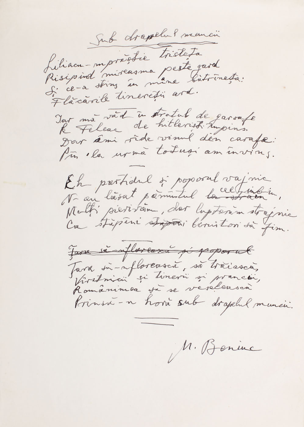 Poezie manuscris "Sub drapelul muncii", de Mihai Beniuc (1 filă)