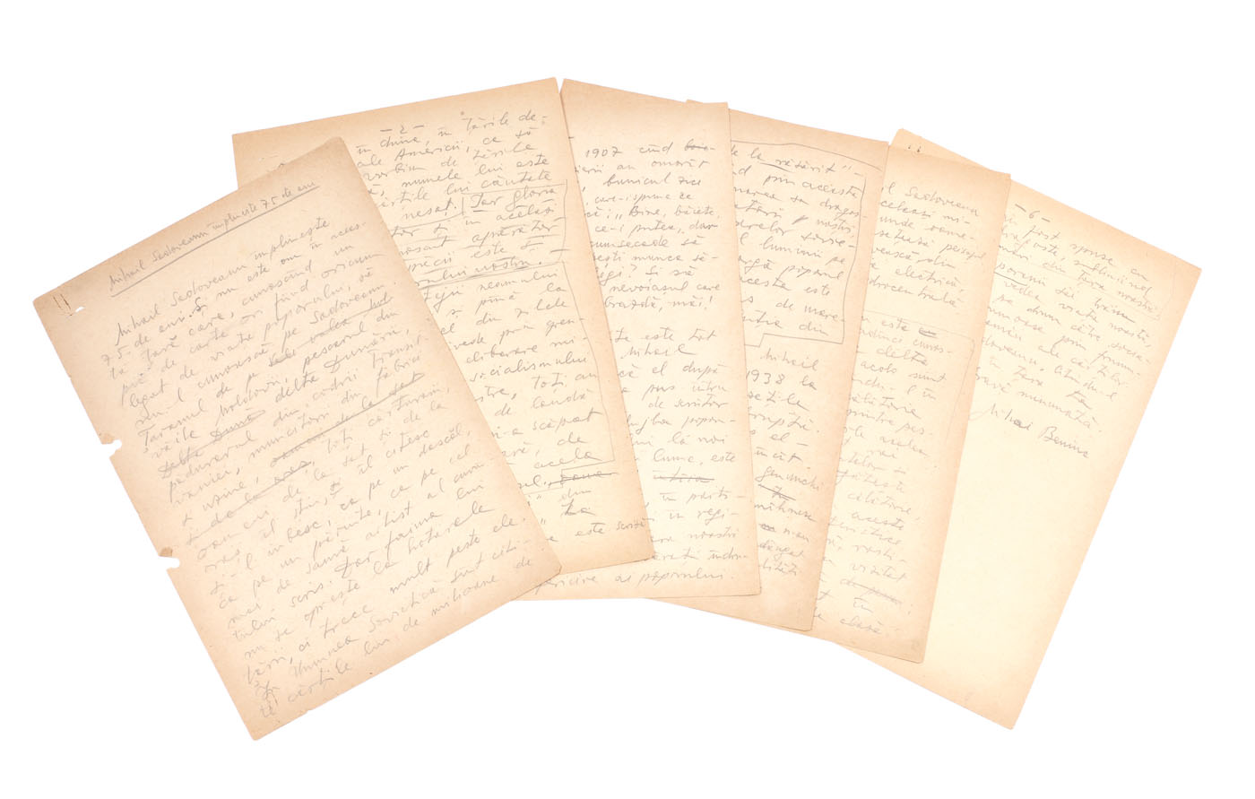 Laudatio Mihail Sadoveanu, manuscris de Mihai Beniuc cu ocazia împlinirii a 75 de ani, 1955 (6 file)