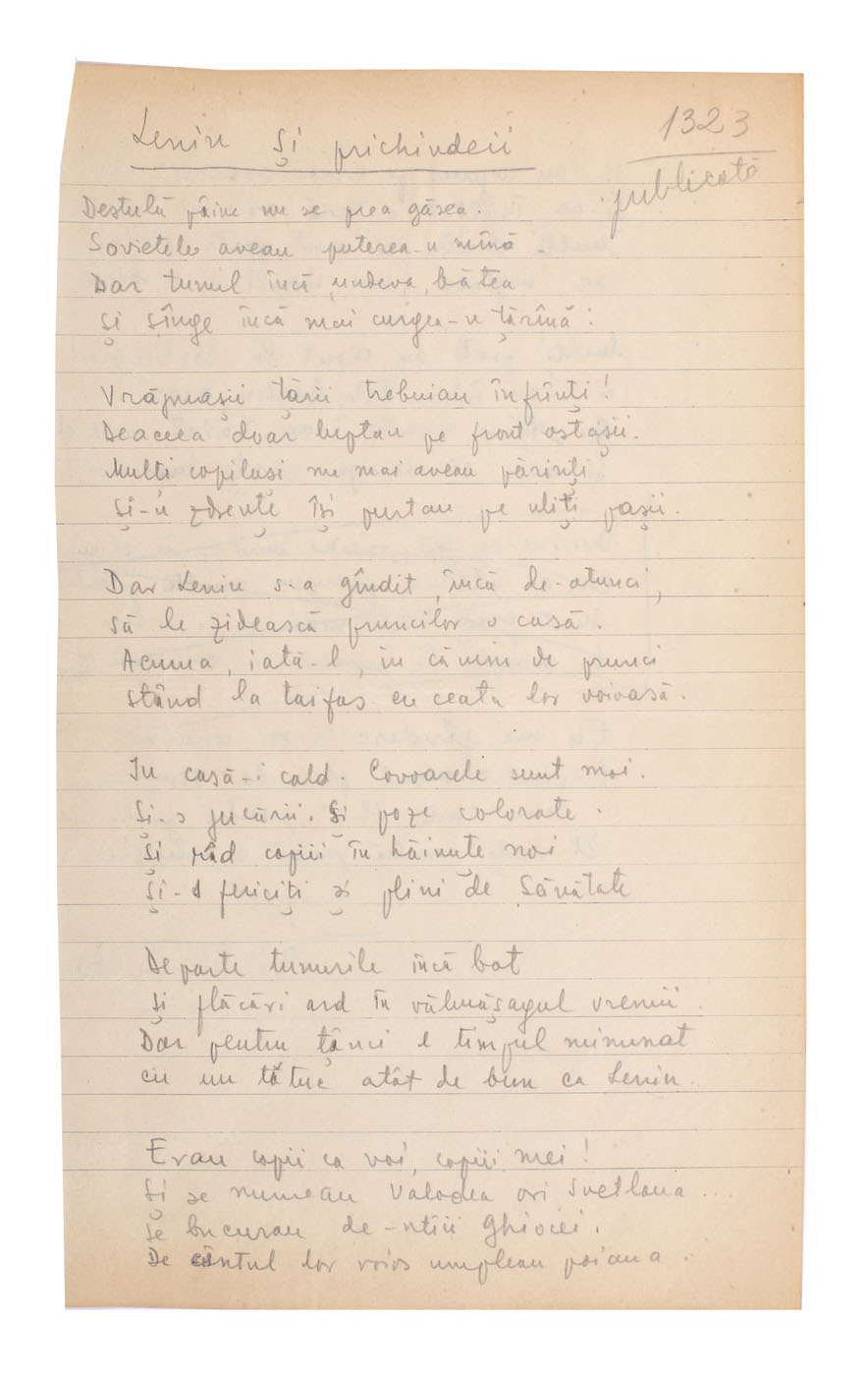 Lot format dintr-o poezie manuscris "Lenin și prichindeii" și o scrisoare, ambele semnate Victor Tulbure (1 filă fiecare)