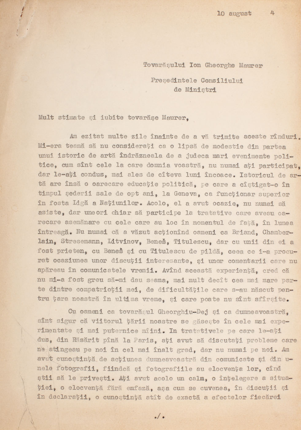 Laudatio letter of Acad. Prof. George Oprescu to Ion Gheorghe Maurer, Prime Minister, regarding his success in his activity abroad, early 1960s (2 pages)