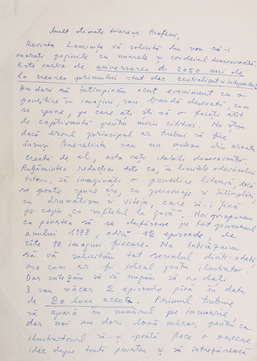 Scrisoare din partea Mihaelei Zatta, redactorul Revistei de propagandă comunistă pentru copii "Luminița", referitoare la includerea în sumarului revistei a unor aniversări istorice prezentate captivant copiilor, 1977 (2 file)