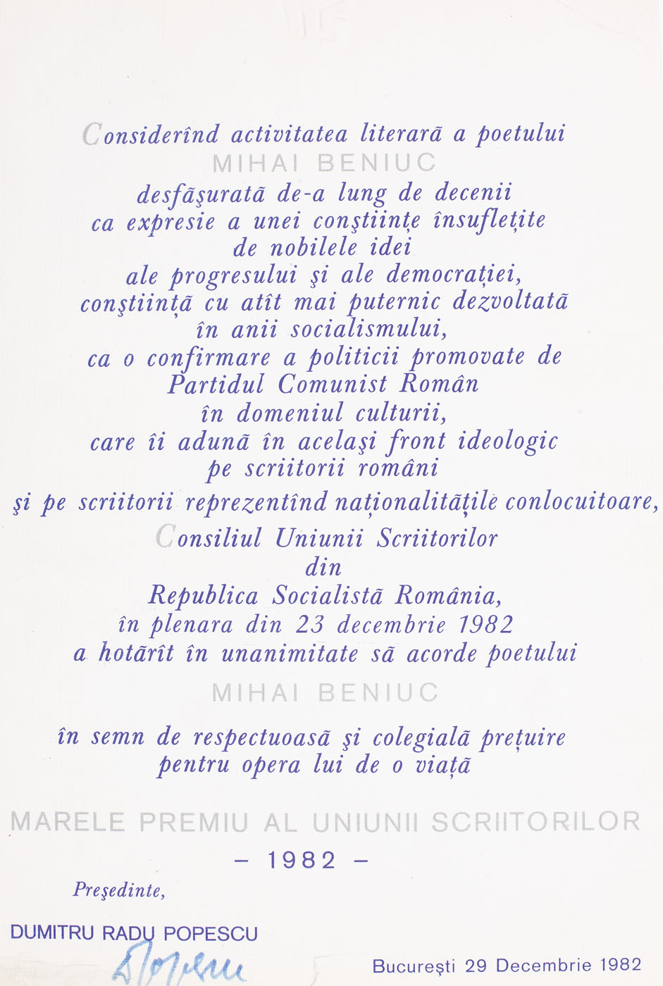 Diploma" Marele Premiu al Uniunii Scriitorilor" acordat lui Mihai Beniuc, semnat de D.R. Popescu, 1982