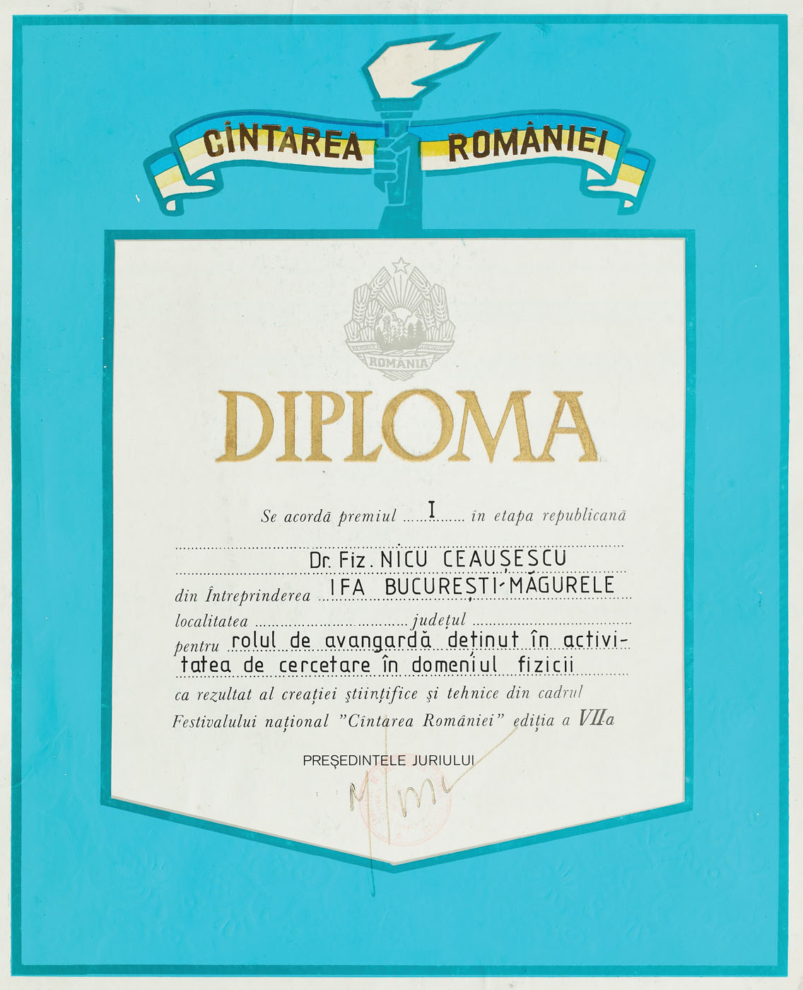 Diploma acordată lui Nicu Ceaușescu, laureat al festivalului 'Cântarea României", 1982