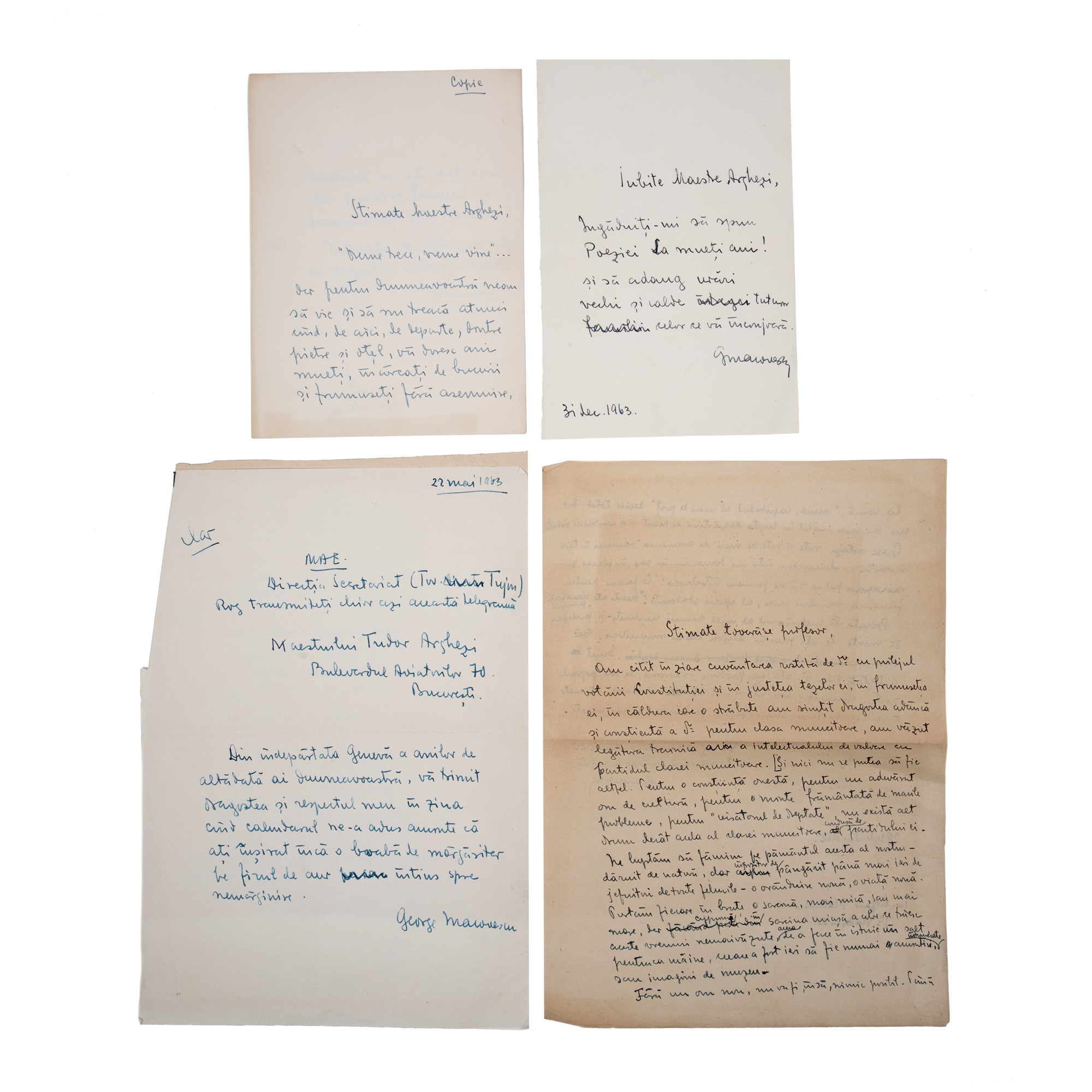 Lot format din trei corespondențe George Macovescu - Tudor Arghezi și o scrisoare trimisă de George Macovescu profesorului George Călinescu, 1952-1963, provine din arhiva fostului ministru de externe George Macovescu 