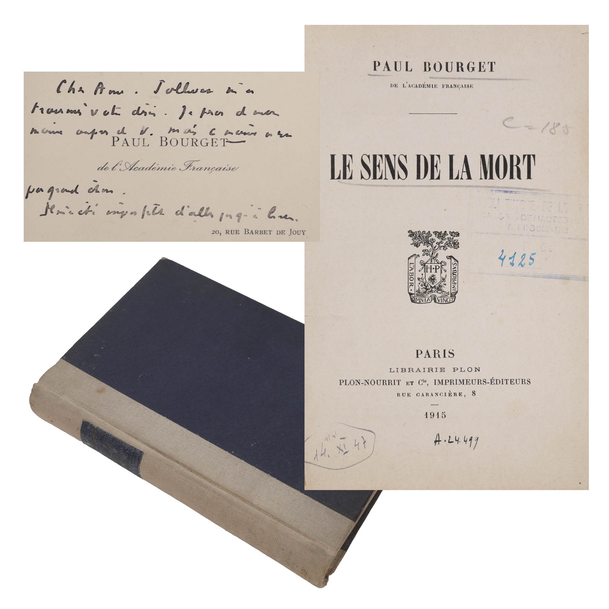 ‘Sensul morții’ (The Meaning of Death), by Paul Bourget, Paris, 1915, including address cards, both of them with handwritten notes of French authors and journalists Paul Borget and Henry Cardonne, from the collection of literary critic Șerban Cioculescu 