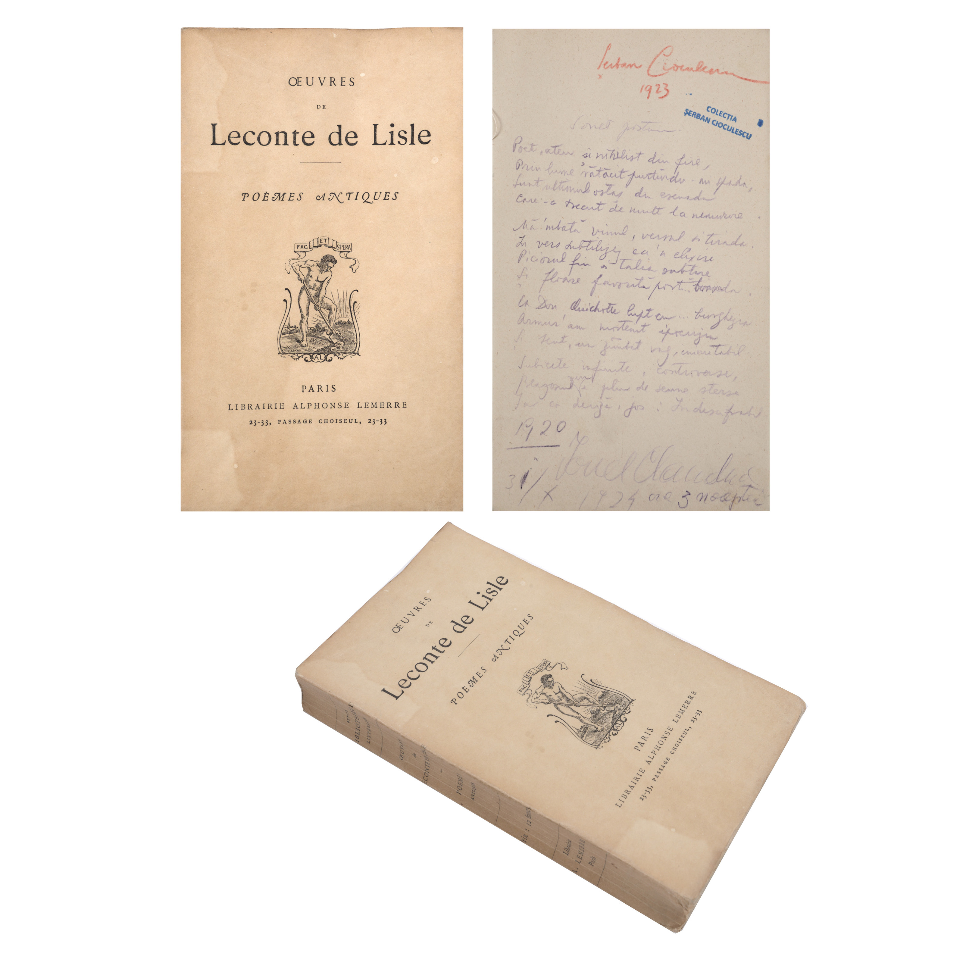 ‘Poeme clasice’ (Classic Poems), by Leconte de Lisle, Paris, 1891, with ex-libris, from the collection of literary critic Șerban Cioculescu 