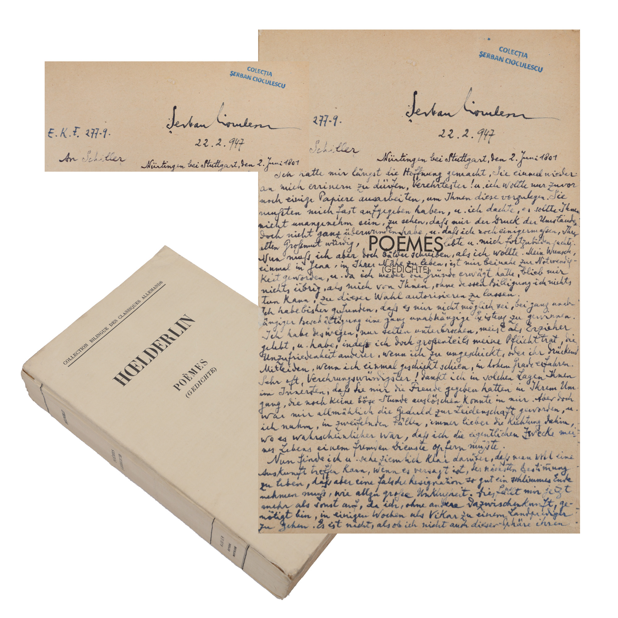 ‘Poèmes (Gedichte)’, by Friedrich Hoelderlin, Paris, 1943, with ex-libris, from the collection of the literary critic Șerban Cioculescu 