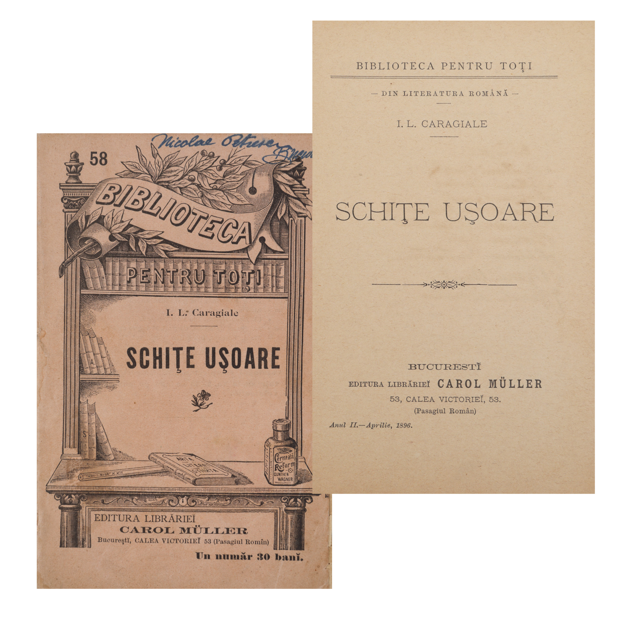 ‘Schițe ușoare’ (Light Literary Sketches), by I.L. Caragiale, princeps edition, Bucharest, 1896, with ex-libris, from the collection of literary critic Șerban Cioculescu 