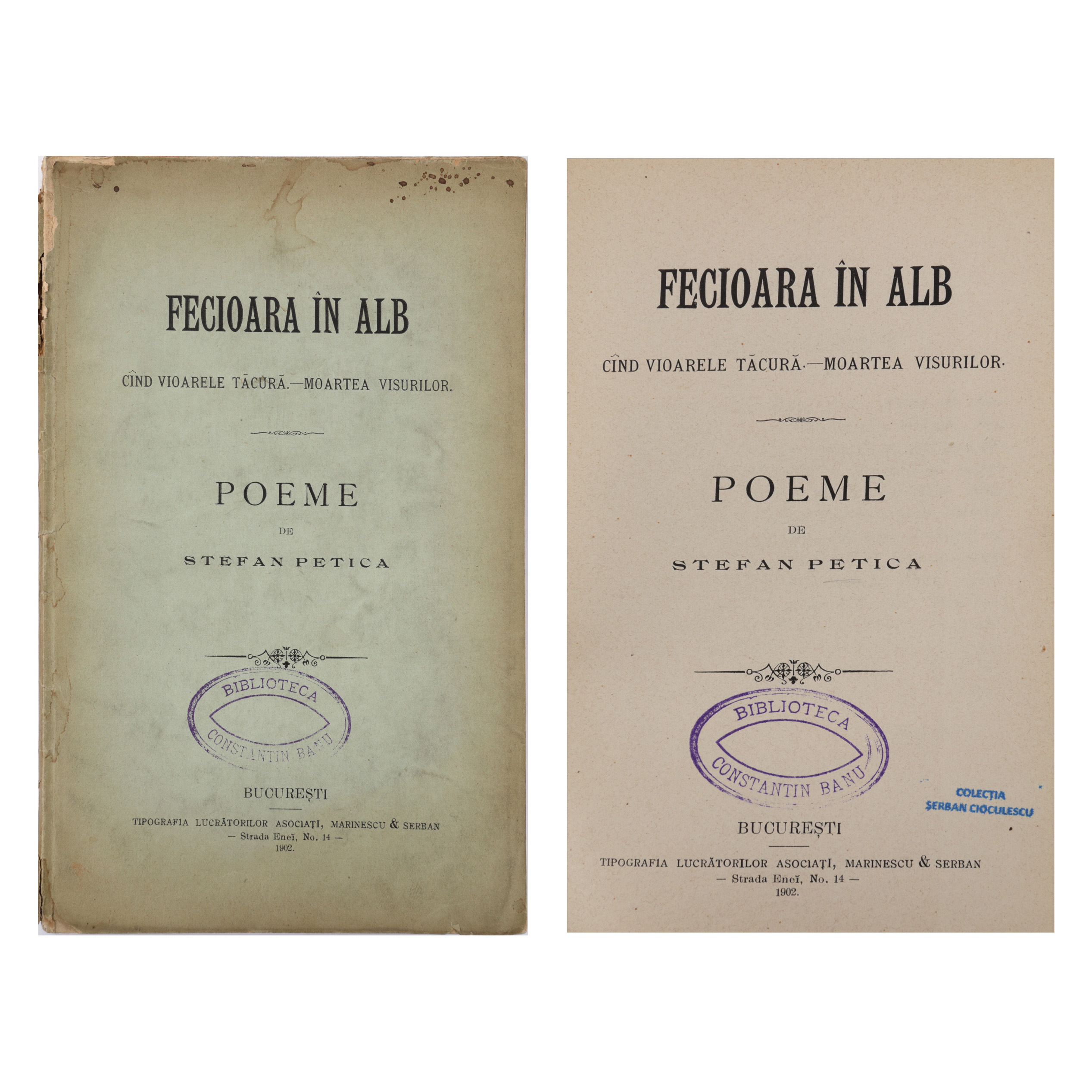 ‘Fecioara în alb’ (Virgin in White), by Ștefan Petică, princeps edition, Bucharest, 1902, with ex-libris Constantin Banu, from the collection of literary critic Șerban Cioculescu 