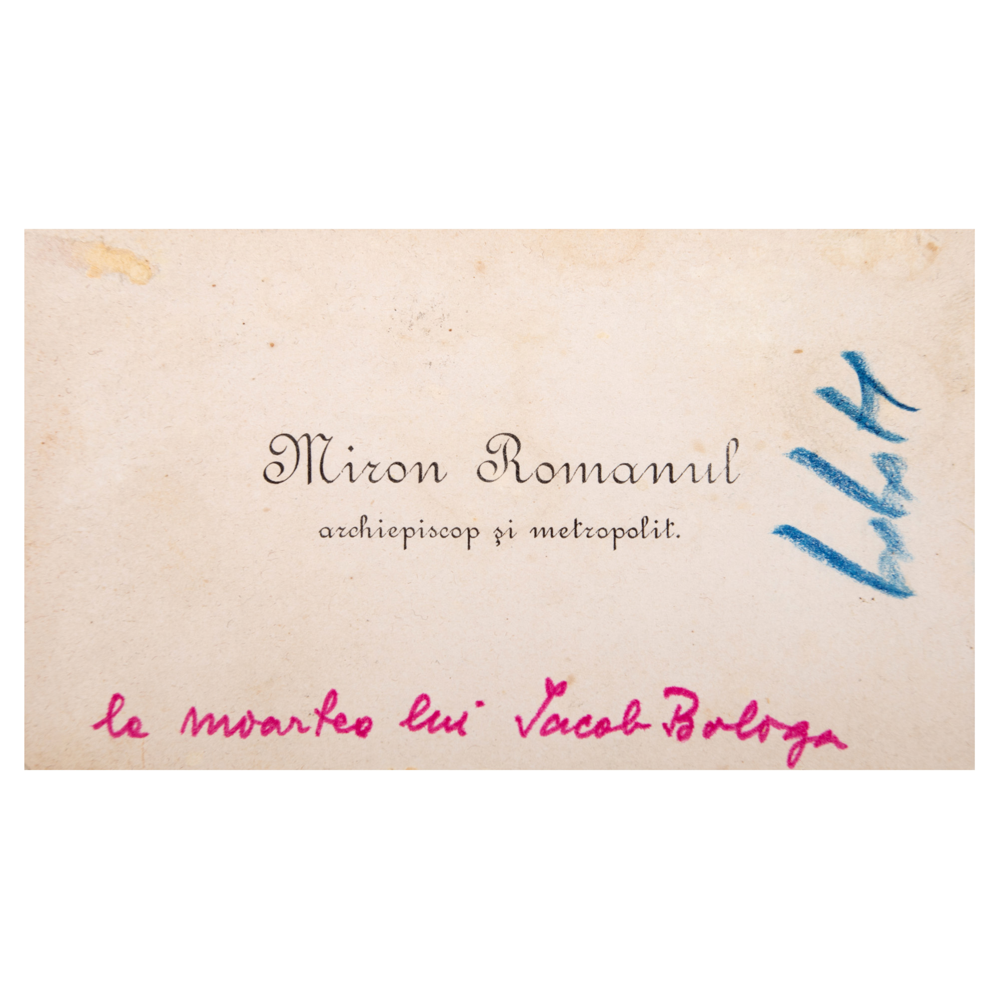 Address card of Miron Romanul, archbishop and metropolitan, with handwritten notes offering condolences for the death of Iacob Bologa, possibly Sibiu, approx. 1888