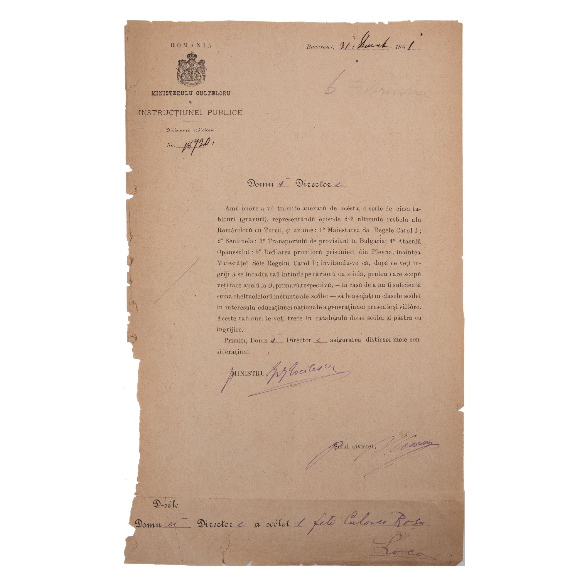 Official letter signed by the historian Grigore Tocilescu, Secretary General of Education, equipping a school with engravings after paintings by Nicolae Grigorescu, representing scenes from the War of Independence, 1881