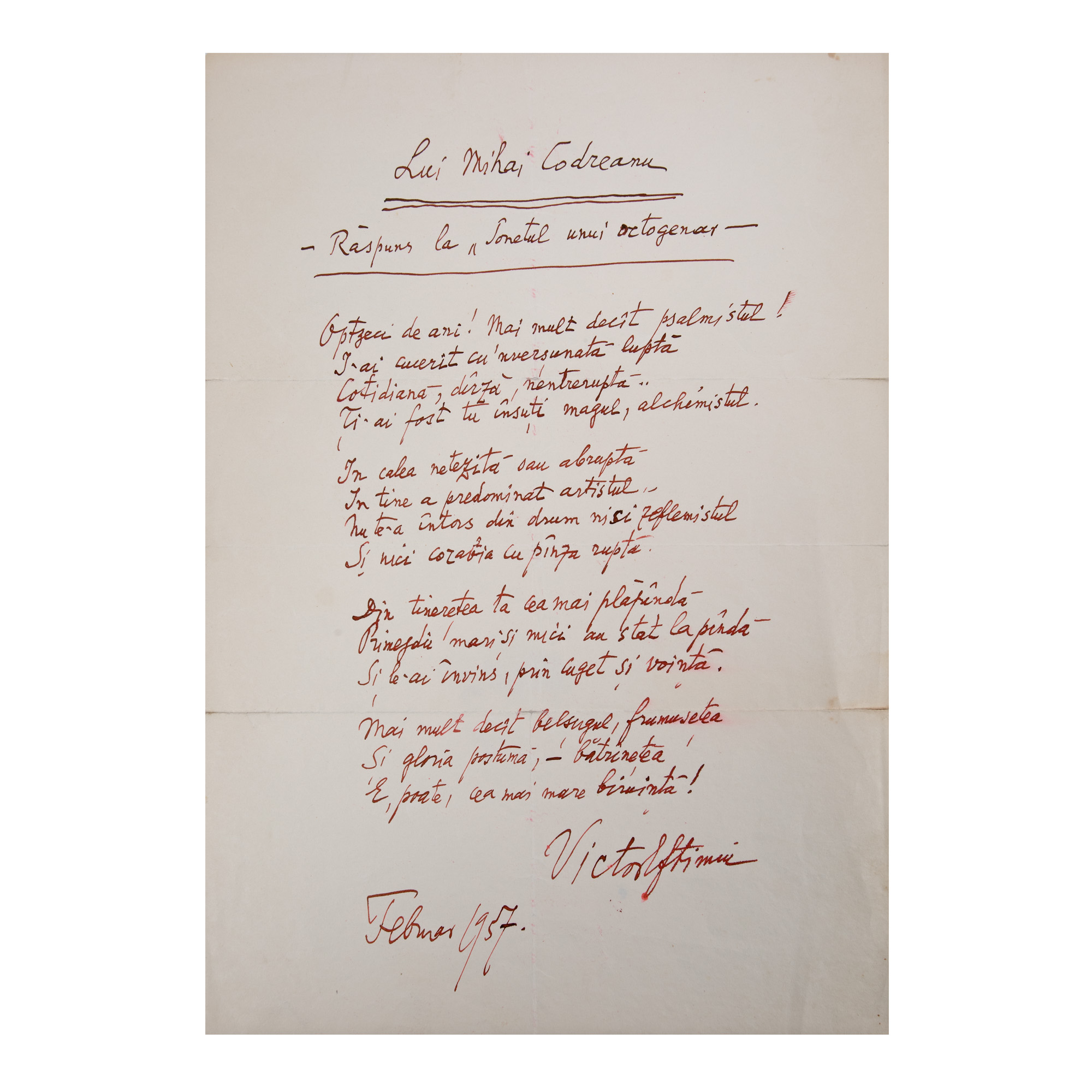 Manuscript of a poem by Victor Eftimiu, a reply to ‘Sonetul unui octogenar’ (Sonnet of an Octogenarian) by the poet Mihai Codreanu, 1957