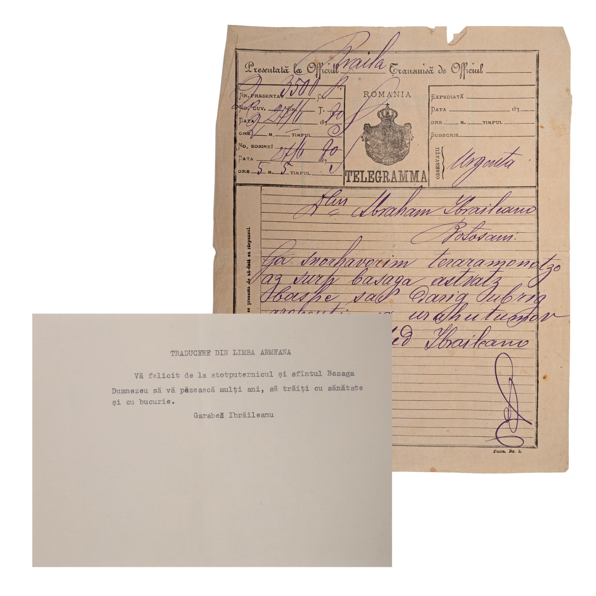 Telegram in Armenian sent by Garabet Ibrăileanu to Abraham Ibrăileanu, 1890