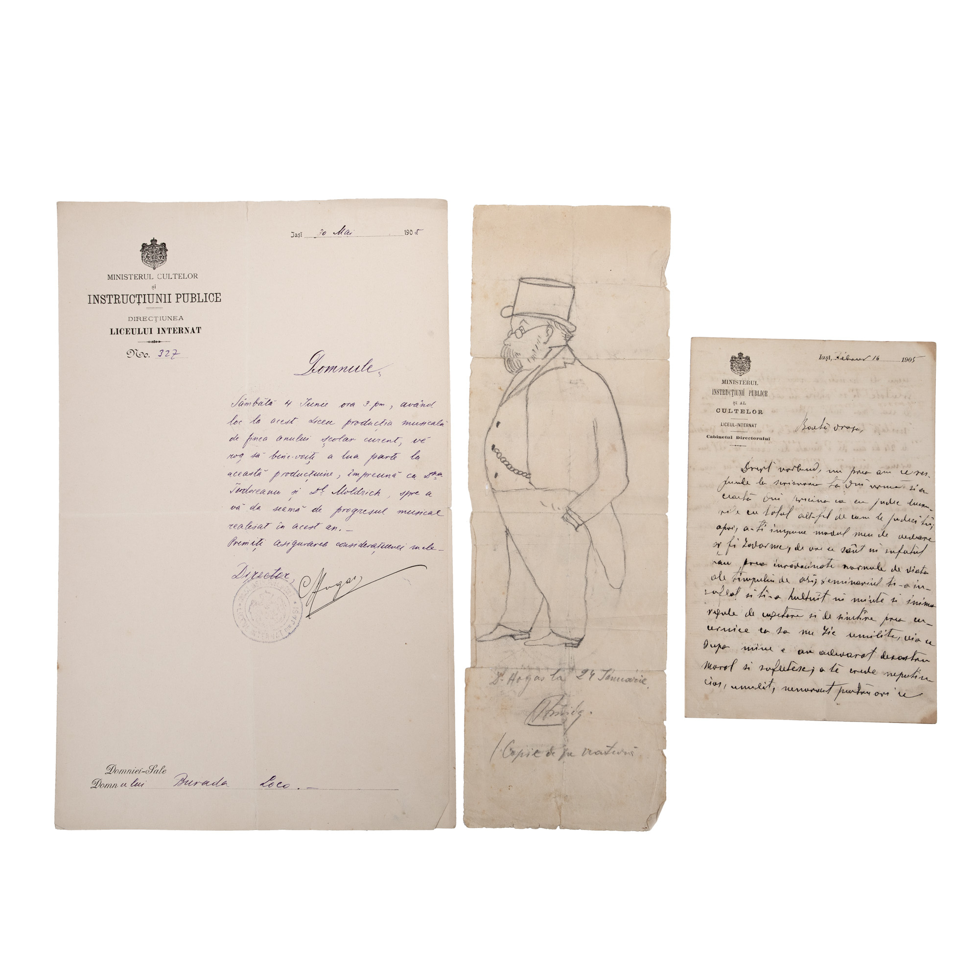 Lot format dintr-o scrisoare trimisă de scriitorul Calistrat Hogaș către Teodor Burada, 1905, un portret în creion al scriitorului, și o adresă oficială a lui Hogaș către Ministerul Cultelor și Instrucțiunii Publice, 1905