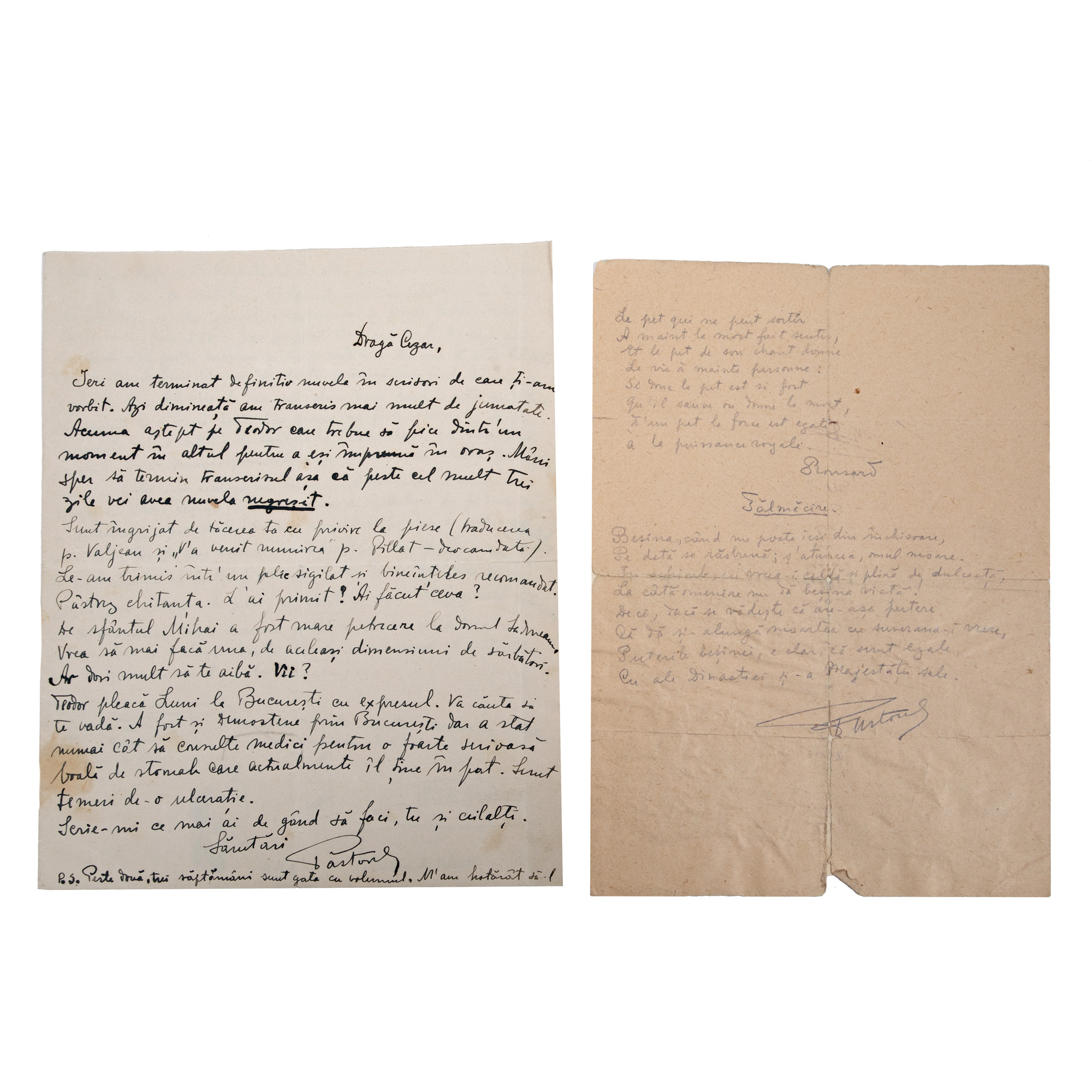 Păstorel Teodoreanu's set consisting of the manuscript of the translation of a licentious stanza from Jules Renard's work and a letter addressed to Cezar Petrescu, with pornographic drawings