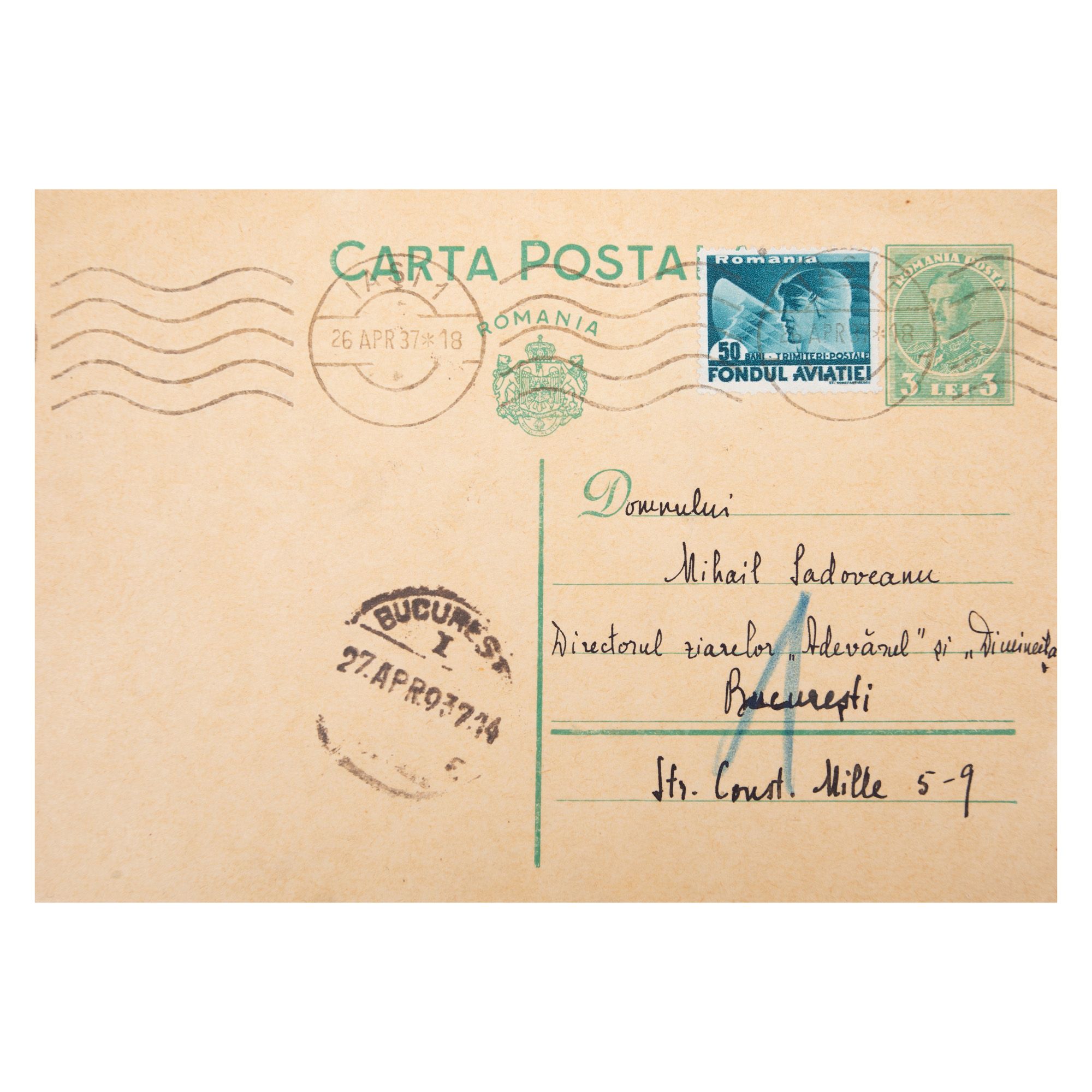 Postcard addressed to Mihail Sadoveanu by Otilia Cazimir, 1937
