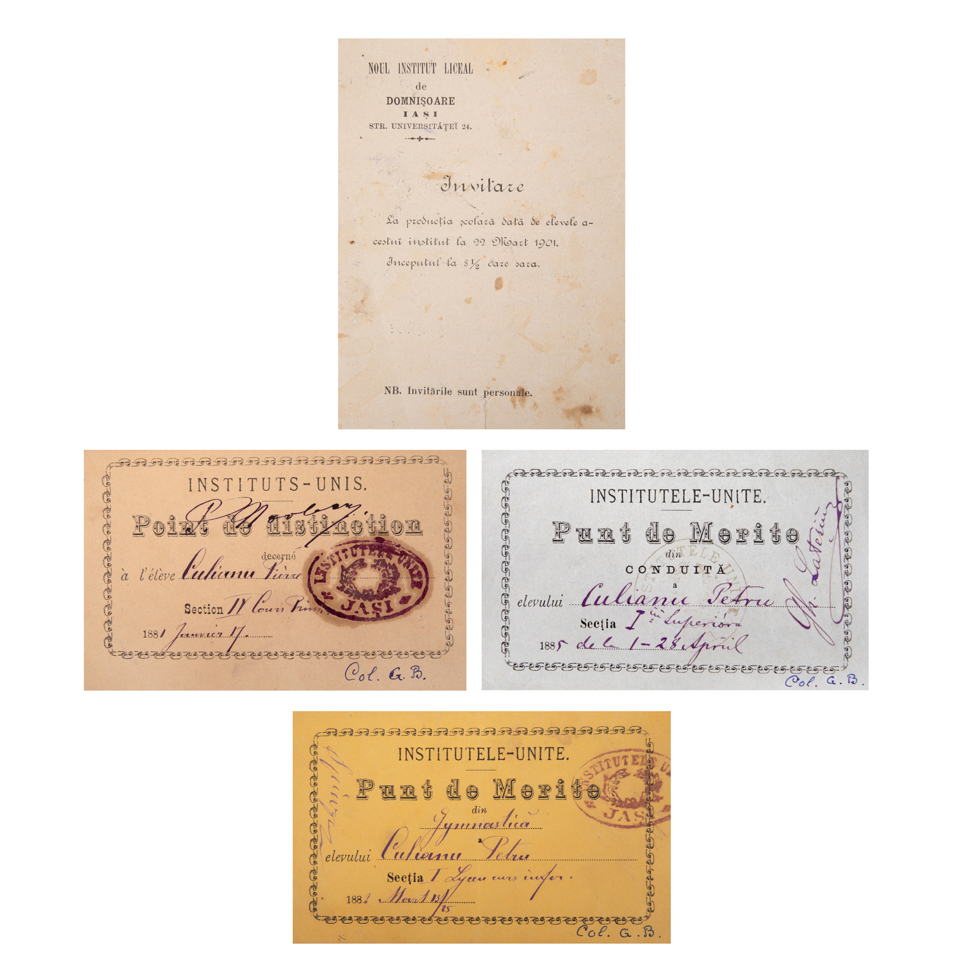Set of three ‘merit points’ tickets awarded to the future university professor from Iași, Petru Culianu and an invitation addressed to him, 1881-1901